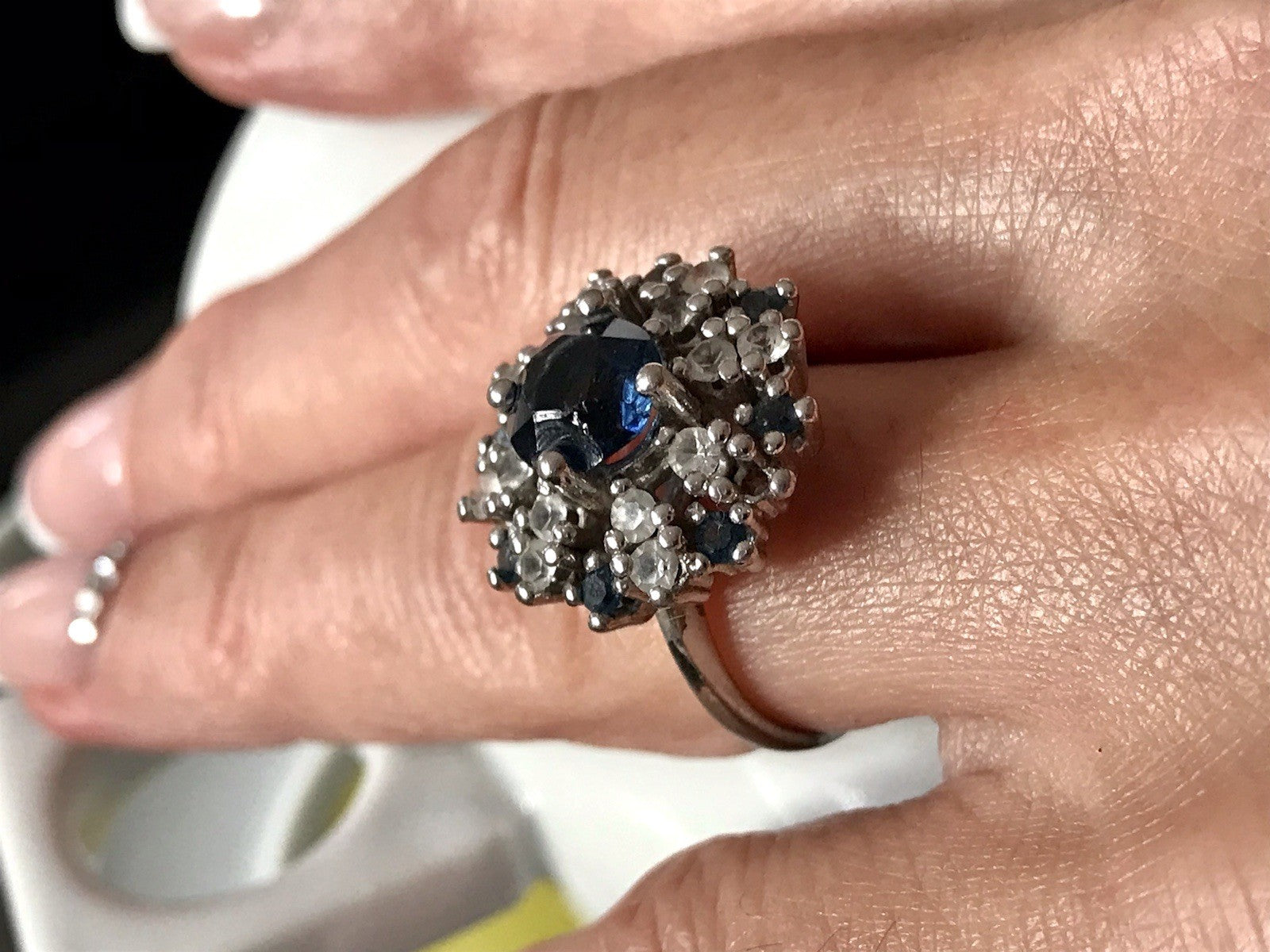 Vintage Entourage Halo Ring farblose Steine & Saphir Silber 835  ~Gr.55 17,5