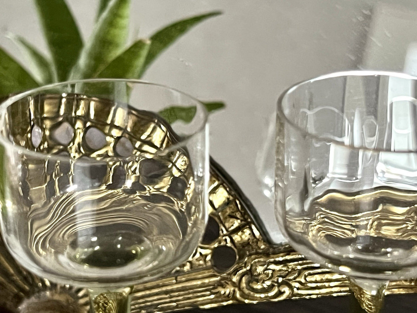 Antik 3x Jugendstil Art Déco Glas Likörgläser Stiel grüngelb optisch gerippt