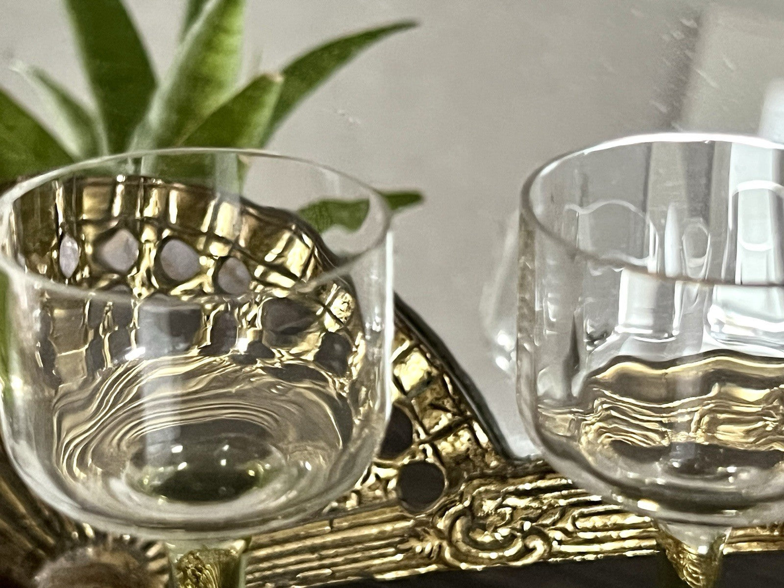 Antik 3x Jugendstil Art Déco Glas Likörgläser Stiel grüngelb optisch gerippt