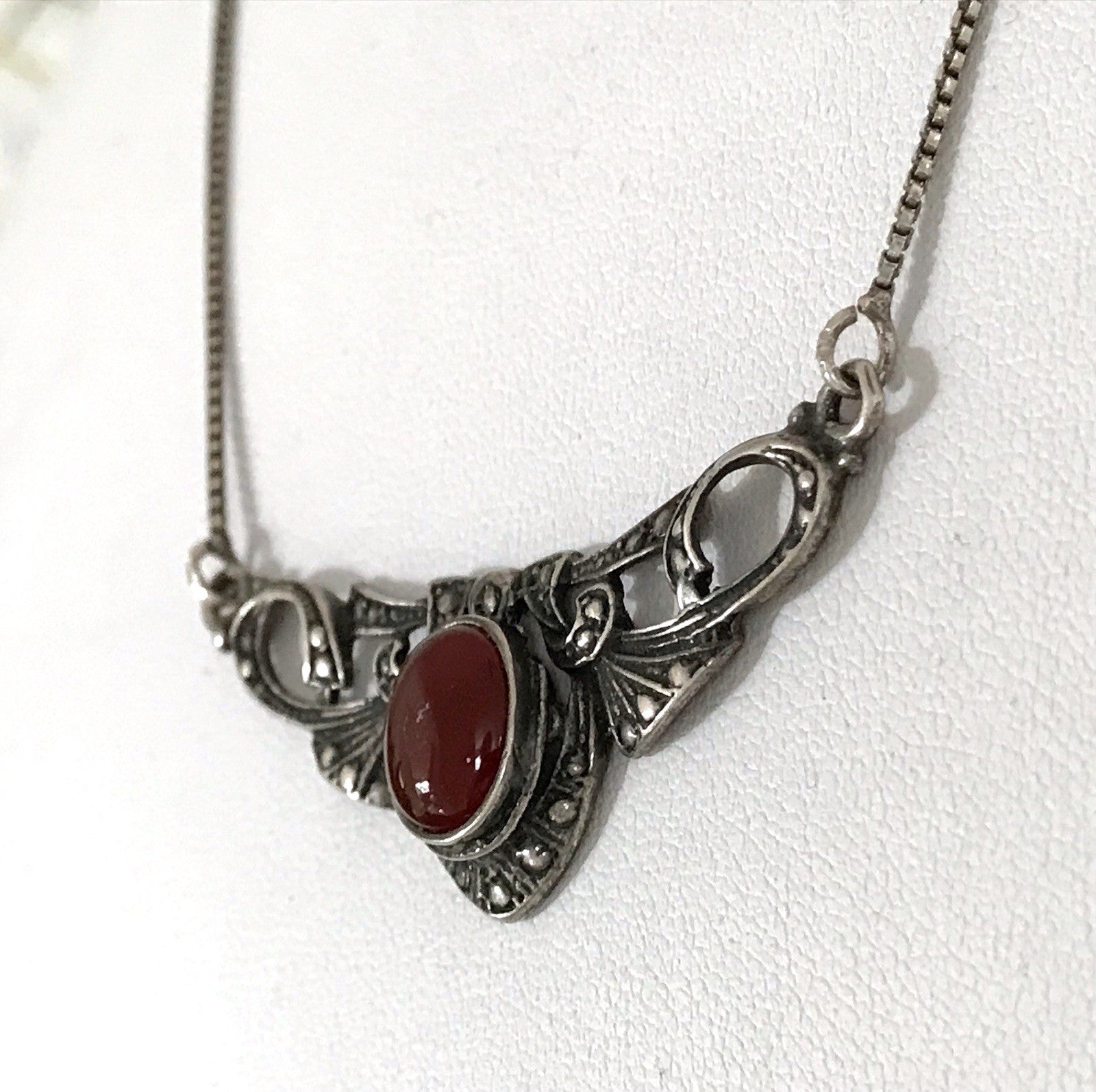 Antik Jugendstil Art Déco 925 Silber Collier Halskette Karneol Granulierungen