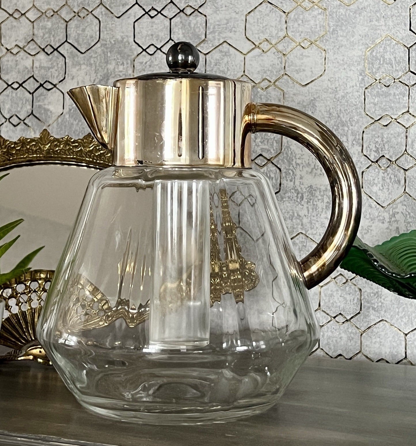 Antik Art Dèco DRGM Karaffe Kalte Ente  Glas optisch gerippt versilberte Montur