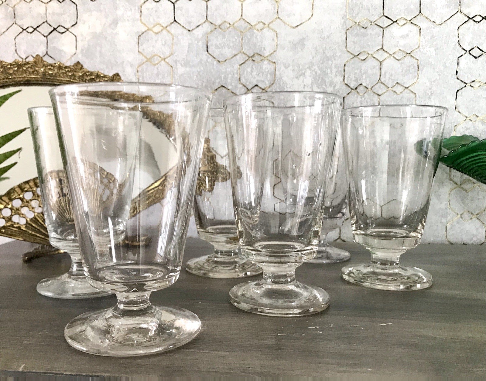 Antik 6 Fußbecher Becher Weinglas Pokalglas Glas ~ 1900 Eichstrich mundgeblasen