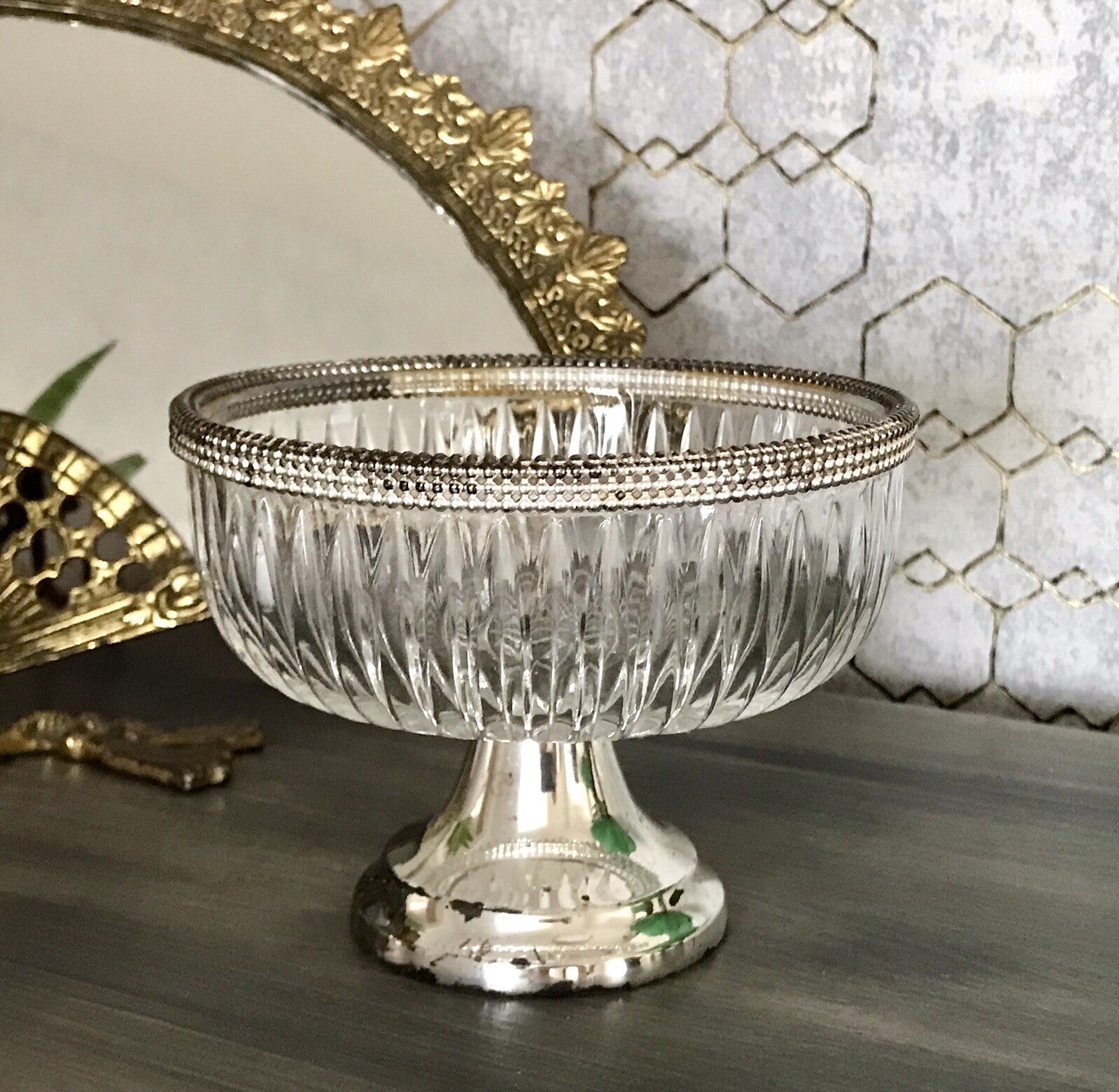 Vintage Glasschale Fußschale  Schale Glas versilberte Montur Kristallglas?
