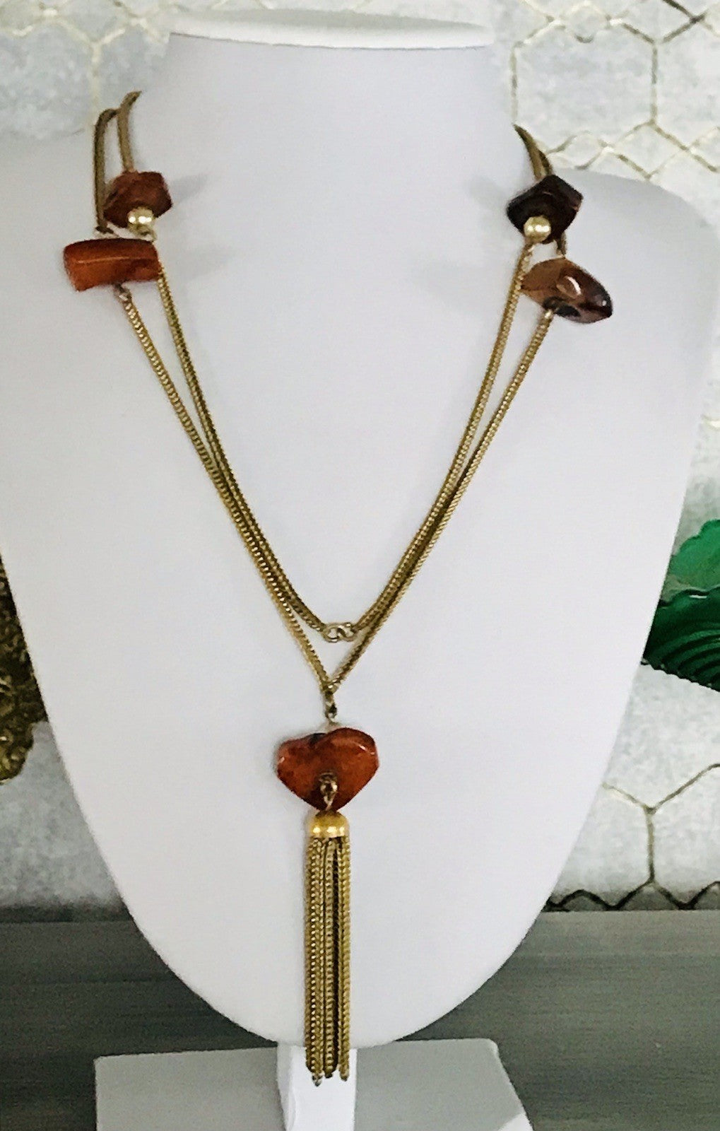 Vintage 60er Halskette Amerik. Doublè gold Steine Bernstein? Achate? SCHÖN