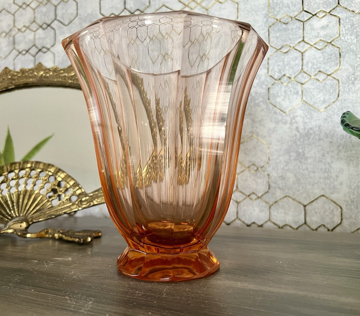 Antik Art Déco Vase Glasvase geschliffen rosa Rosalin Glas