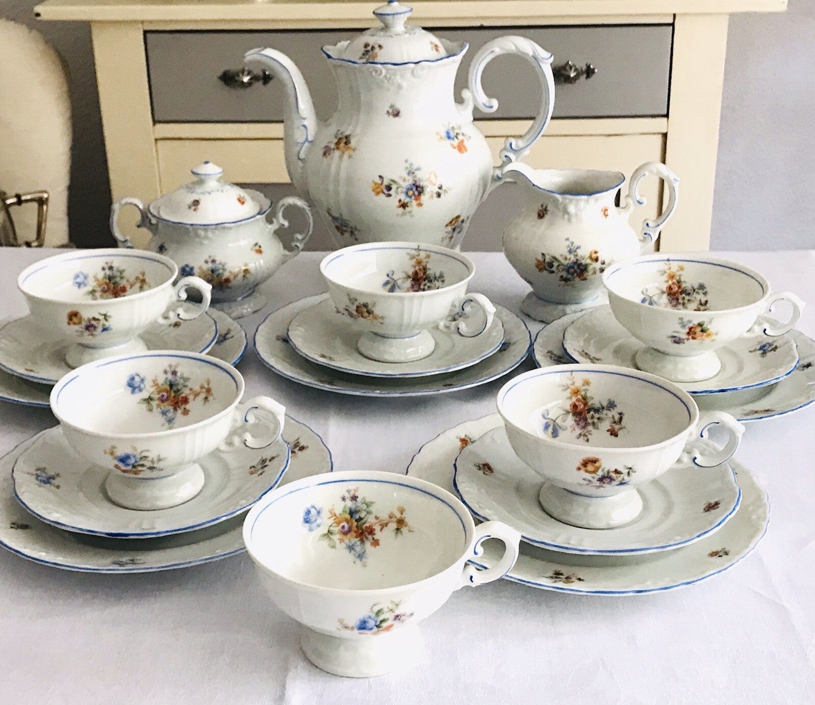 Antik spätes Art Déco Porzellan Kaffeeservice Stadtlengsfeld Rhön 1949-52