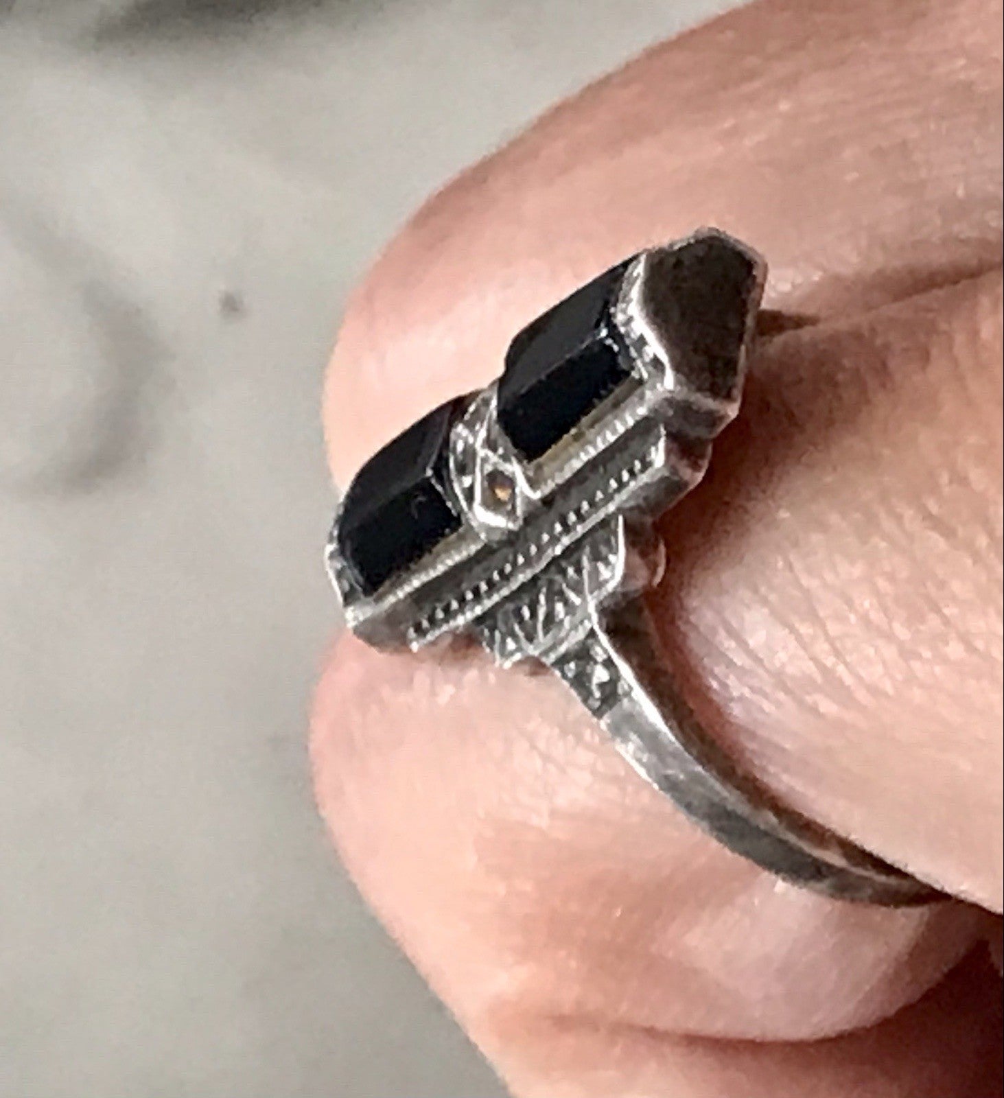 Antik Art Déco Damen Schiffchen Ring Onyx 925 Silber Gr.56 Markasite 18,1