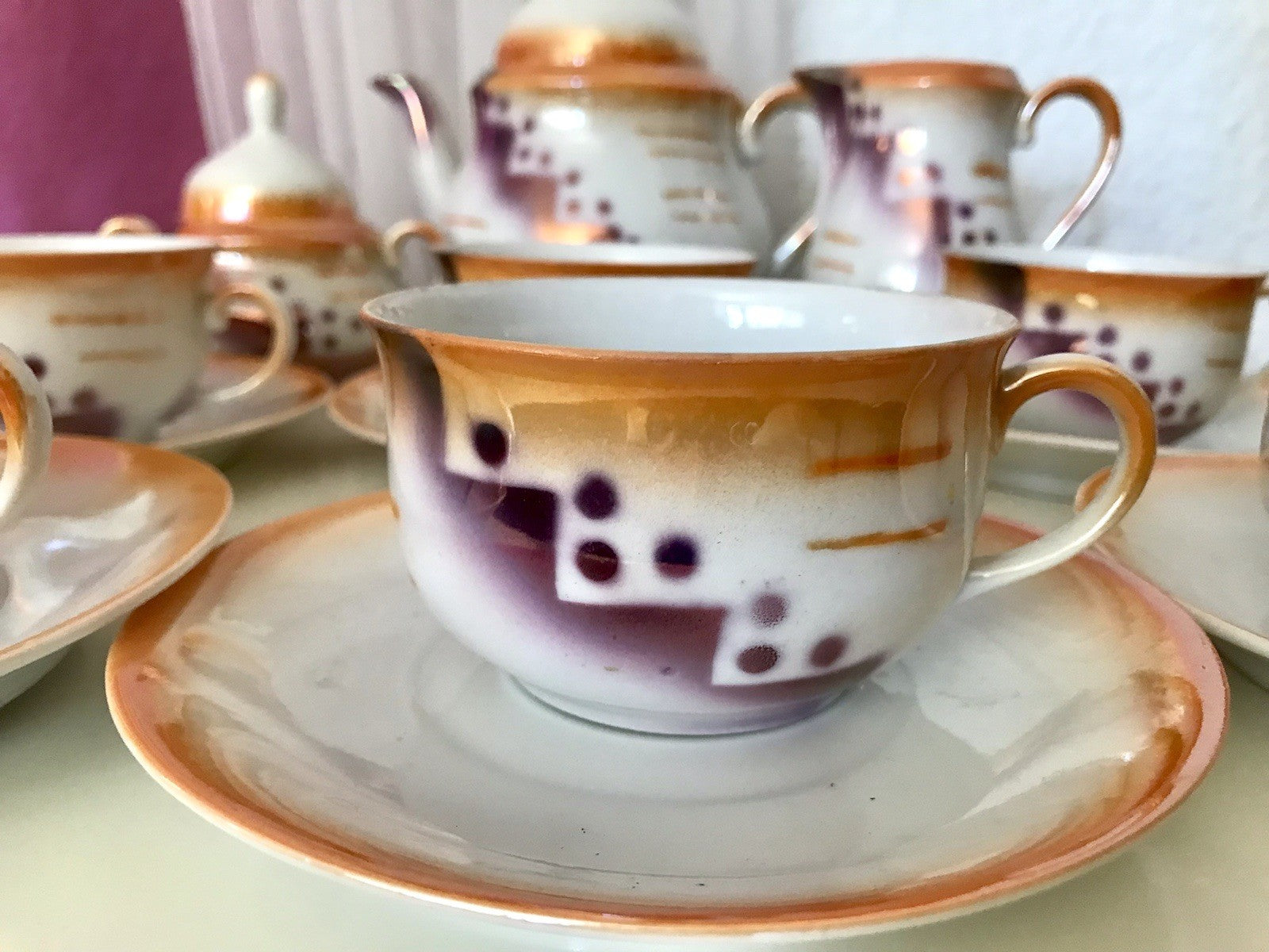 Antik Art Déco Porzellan Kaffeeservice Spritzdekor Teeservice 6 Pers.