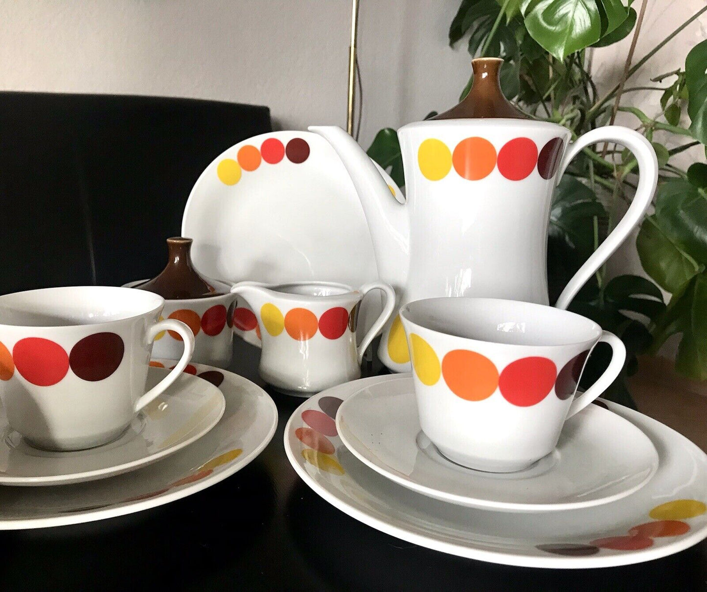 Alt Vintage 70er Seltmann Porzellan Kaffeeservice weiß bunte Kreise 6 Personen