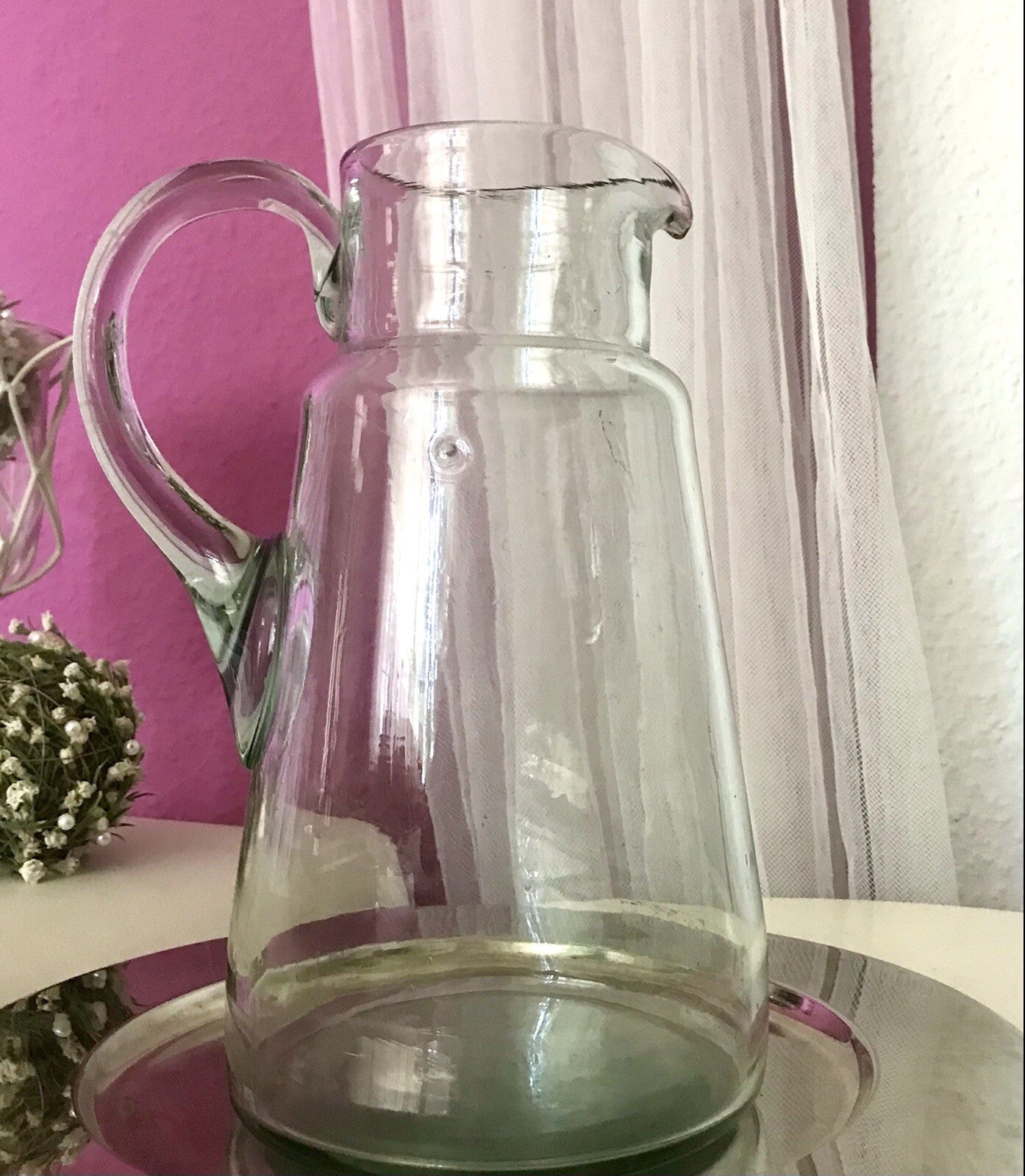 Antik groß Krug Glas Karaffe Kanne Wasserkrug Glas mundgeblasen light türkis