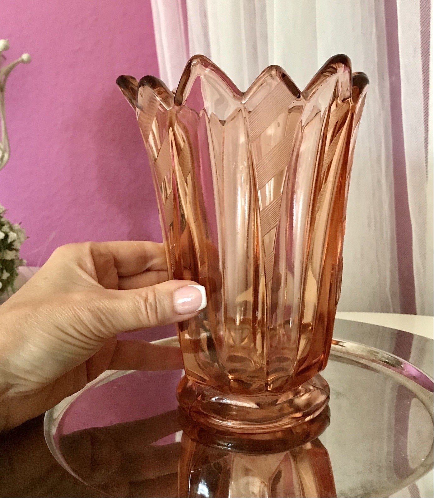 Antik Art Déco Vase Glasvase Pressglas Glas Rosalin rosa Blumenvase Schwepnitz