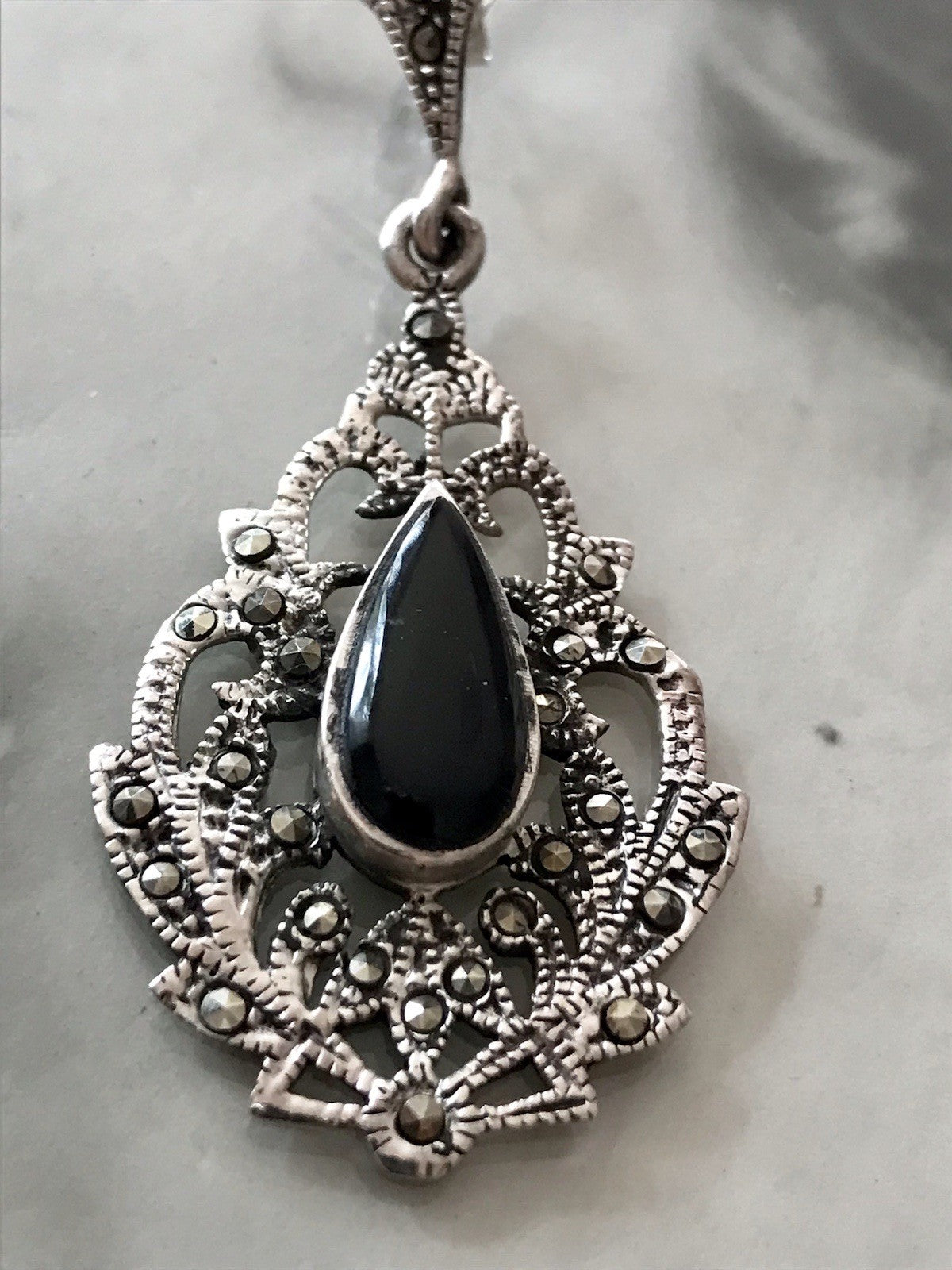 Antik Art Déco Wundervoll Ohrhänger Ohrringe DAMEN Silber 925 Onyx Markasite