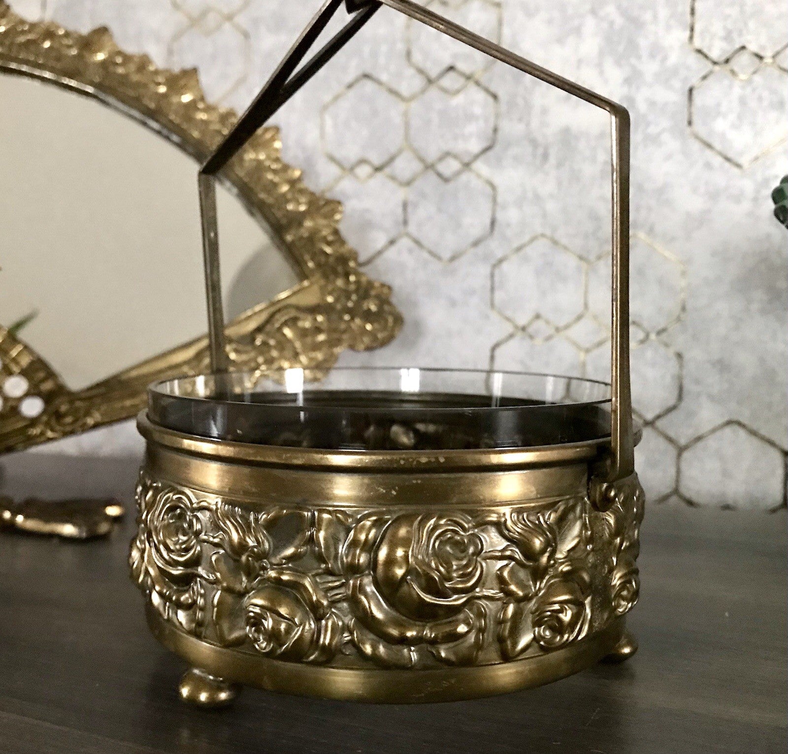 Antik Jugendstil Art  Déco Messing Montur Rosen Schale Bonboniere Glaseinsatz