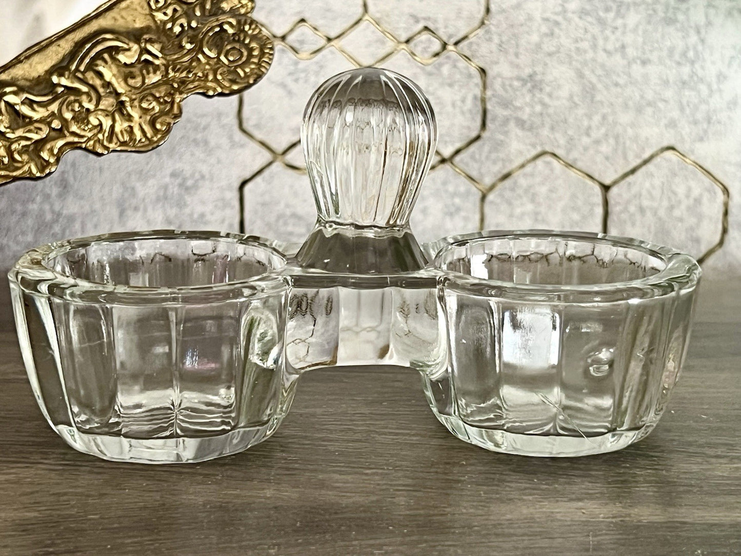 Antik Art Déco Pressglas Salz & Pfeffer Menage Saliere Gewürzständer Glas