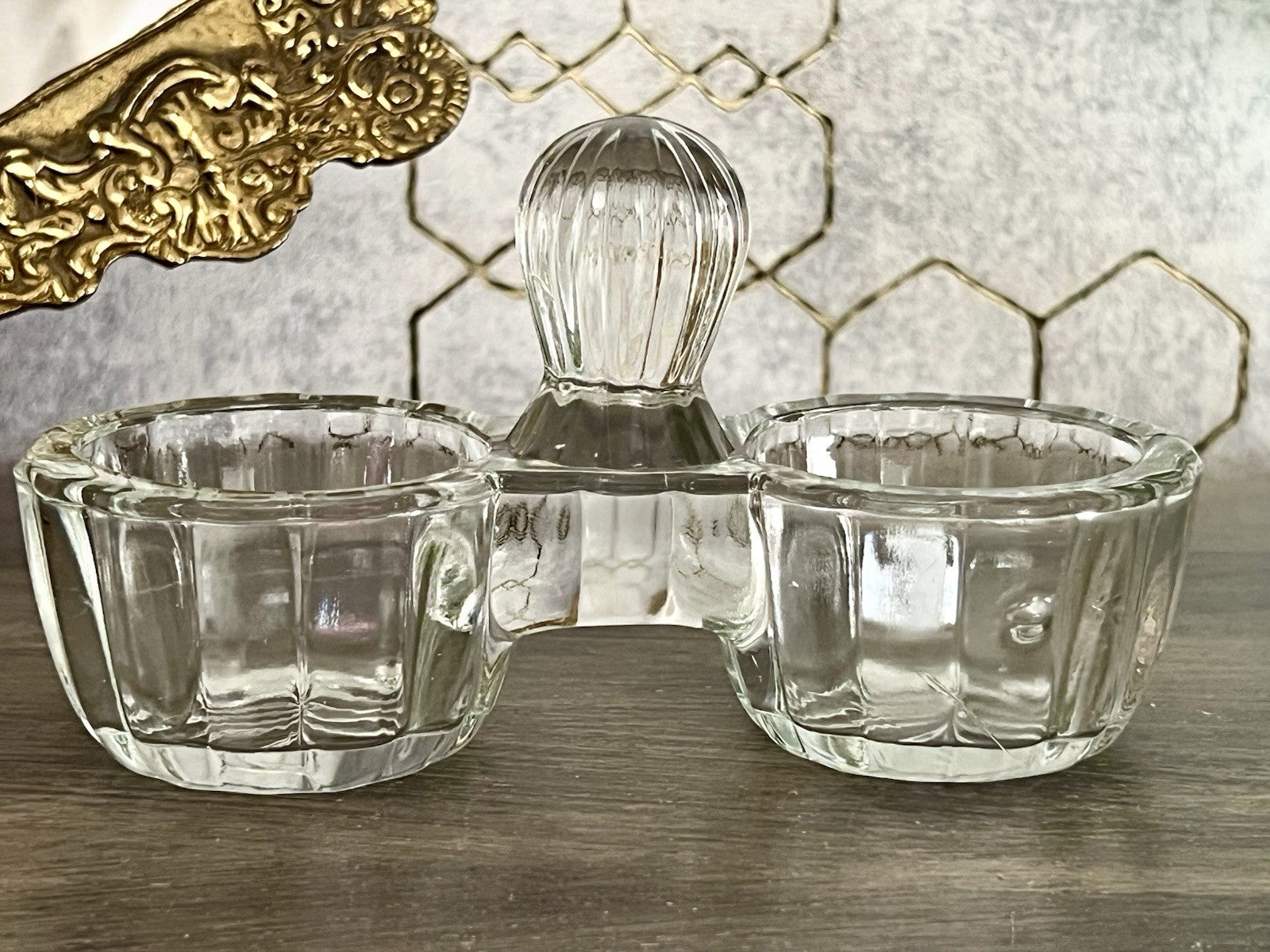 Antik Art Déco Pressglas Salz & Pfeffer Menage Saliere Gewürzständer Glas