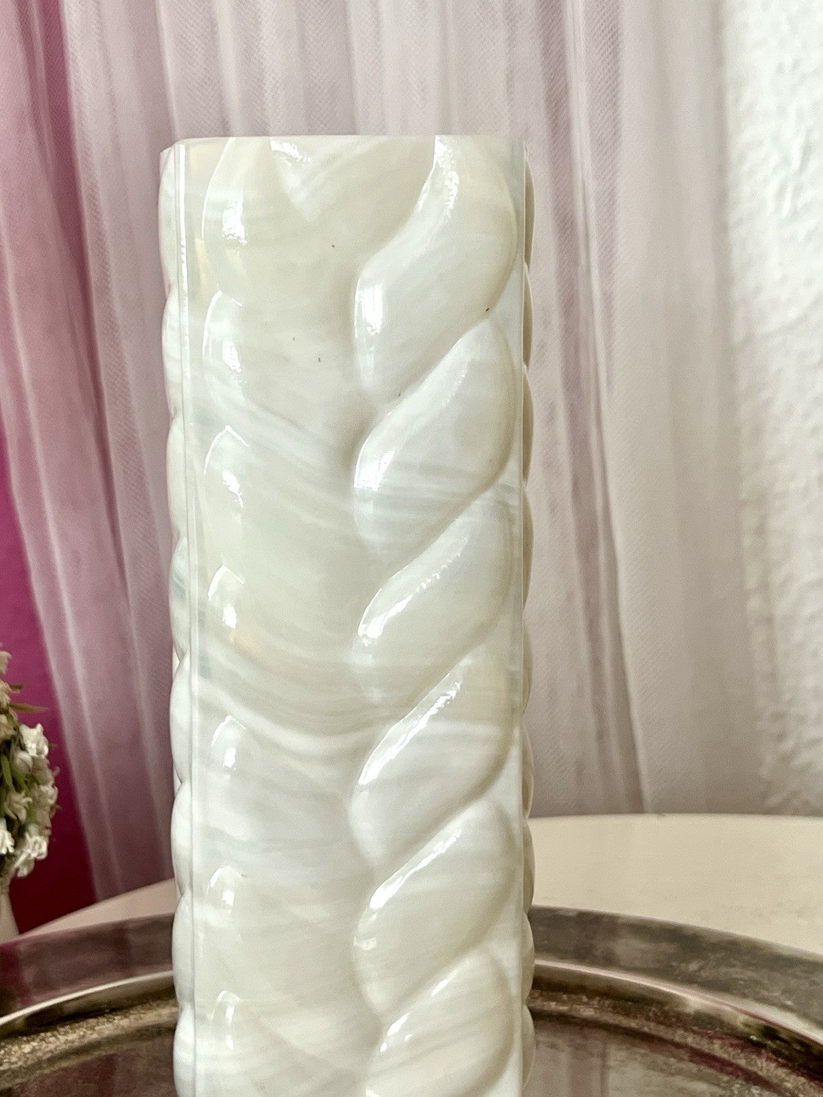 Vintage 60er Jahre MCM Glasvase Vase Glas Design Zopfmuster Blockvase weiß
