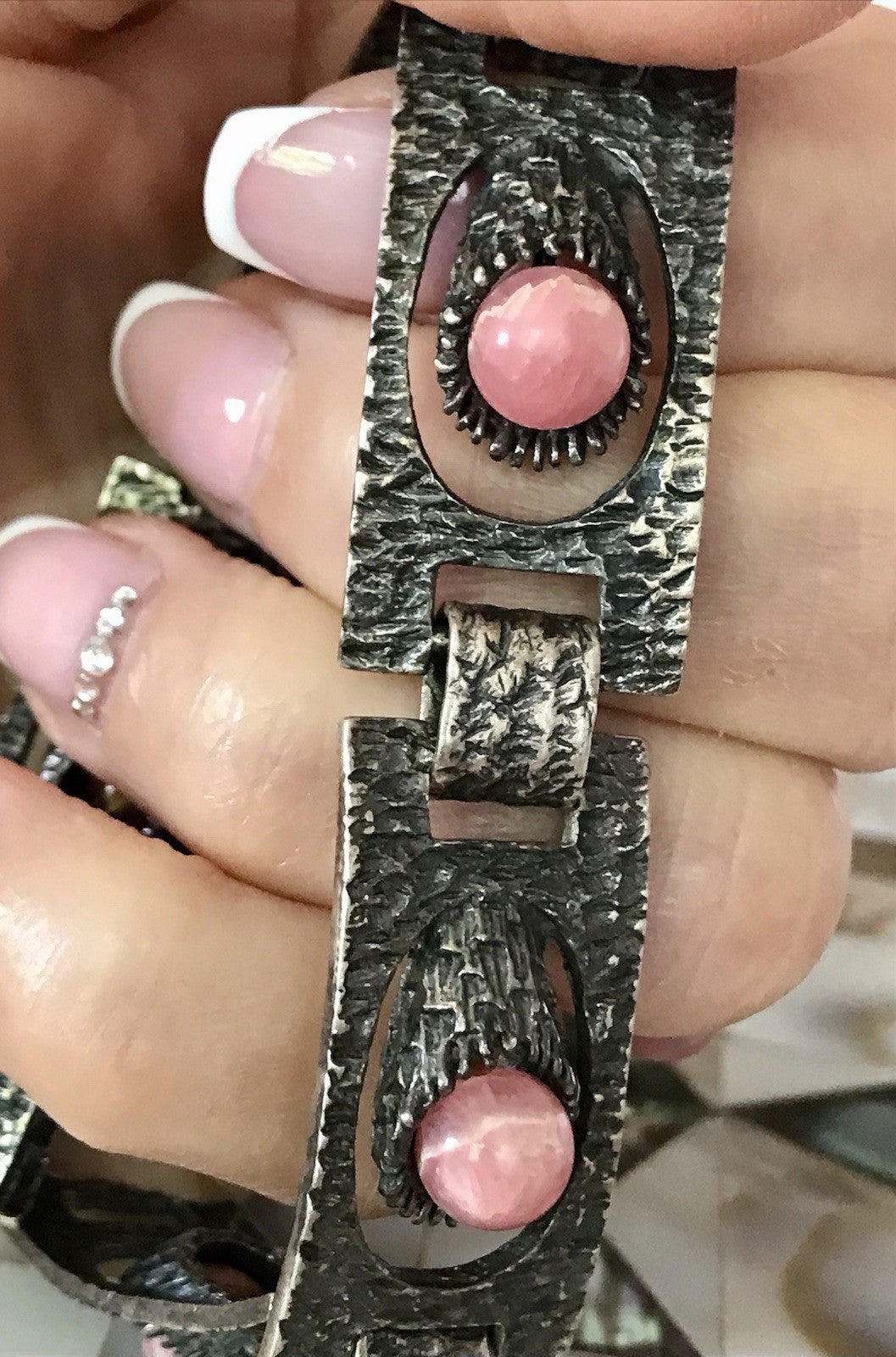 Vintage Schmuck Set 60er Designer Armband Ring Modernist 925 Silber Rosenquarz