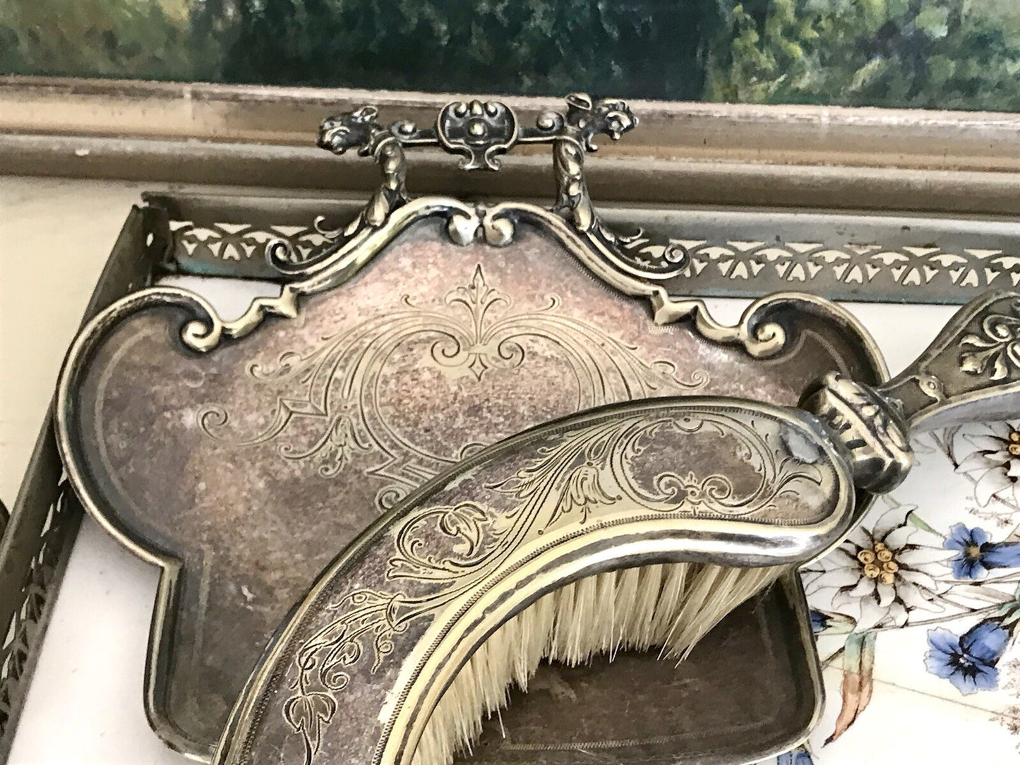 Antik versilbert Jugendstil Tischkehrset Tischkehrer Tisch Krümmelkehrer