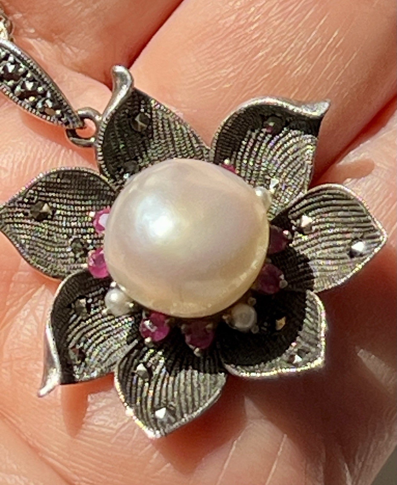 GROß rund Kettenanhänger Anhänger 925 Silber Perle Rubine Markasite Orchidee