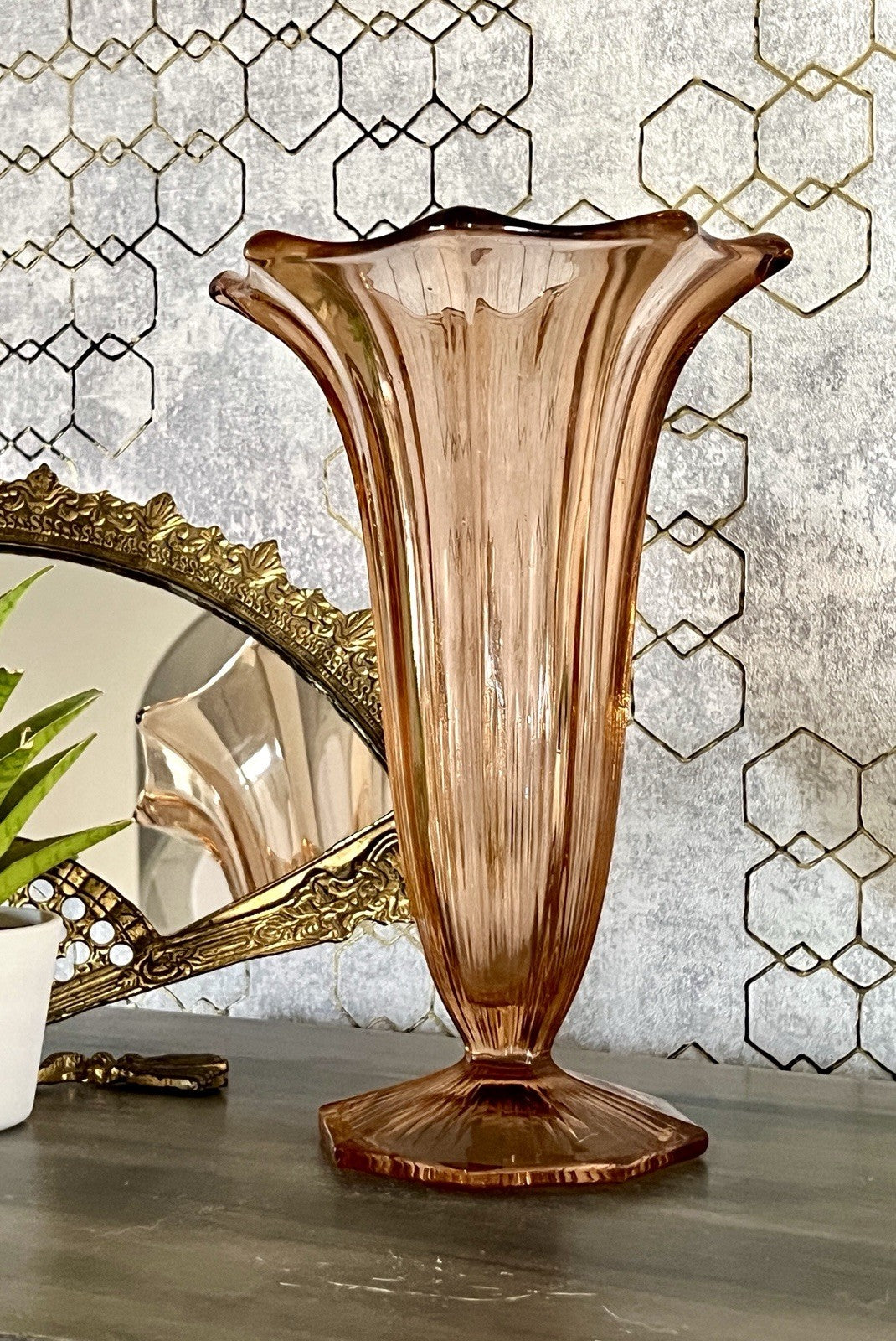Antik Art Déco 1 GROẞ Vase Glasvase Pressglas Rosalin rosa  Glas