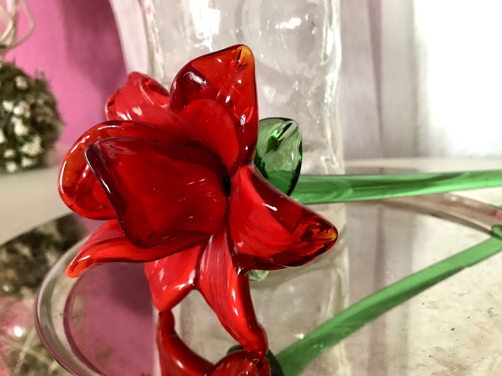 Vintage Murano ? 60er Jahre Glas Blume rote Rose mit Stiel ca. 50 cm lang