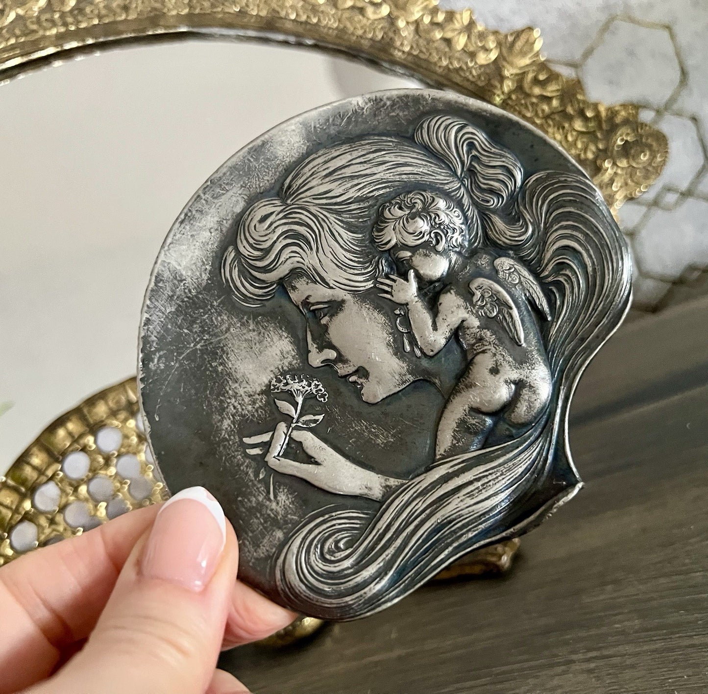 Antik versilbert WMF Schale Schmuckschale Jugendstil ~1900 Motiv: Elfe mur Putto