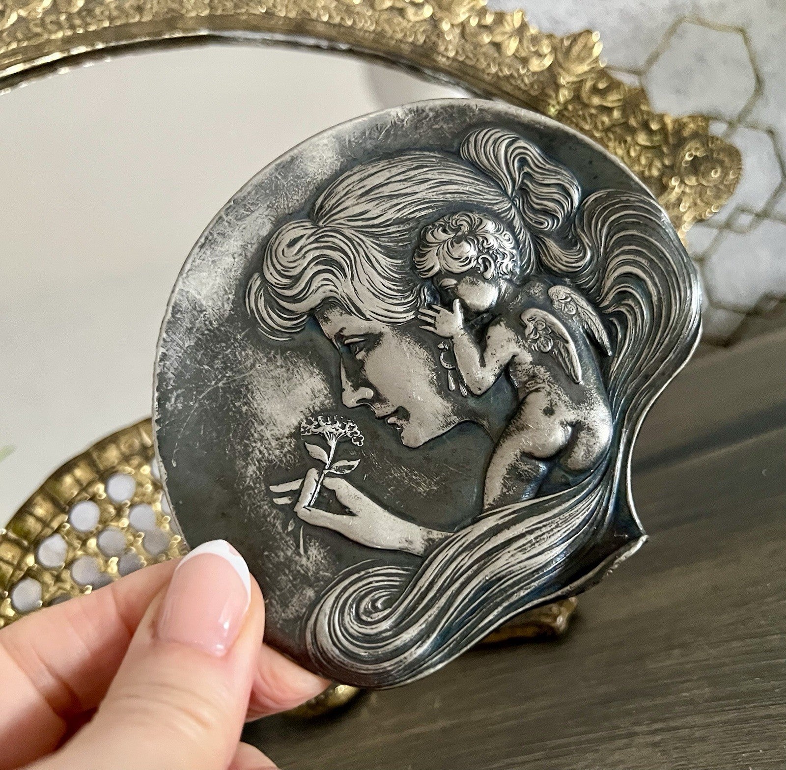 Antik versilbert WMF Schale Schmuckschale Jugendstil ~1900 Motiv: Elfe mur Putto