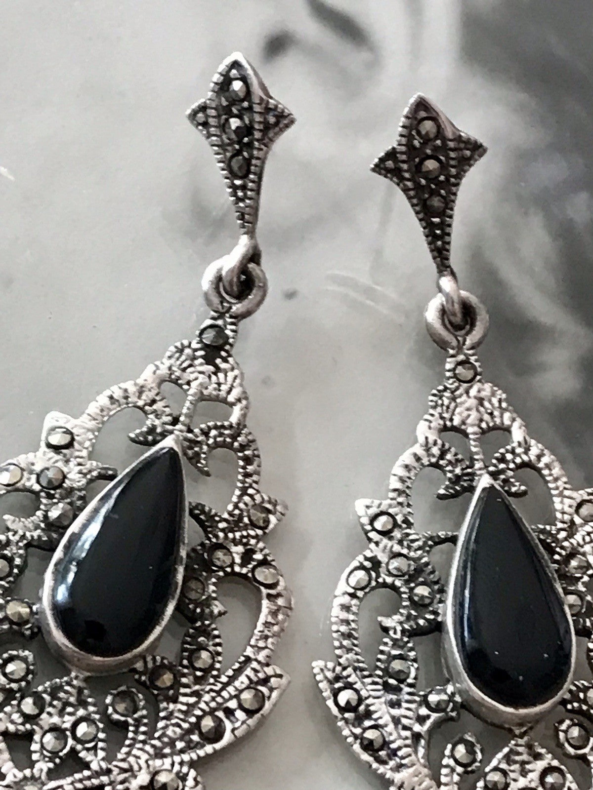 Antik Art Déco Wundervoll Ohrhänger Ohrringe DAMEN Silber 925 Onyx Markasite