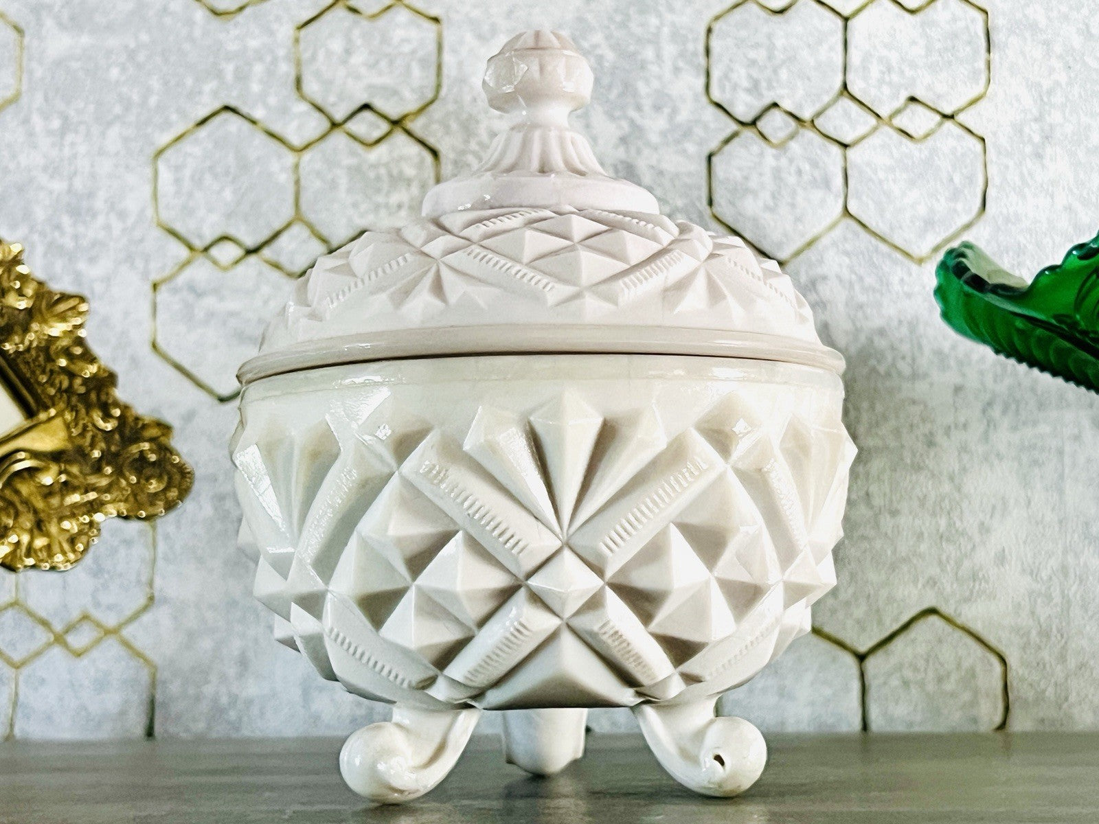 Antik Jugendstil Glasdose Dose Opalglas Deckeldose Pressglas SCHÖN Opalin