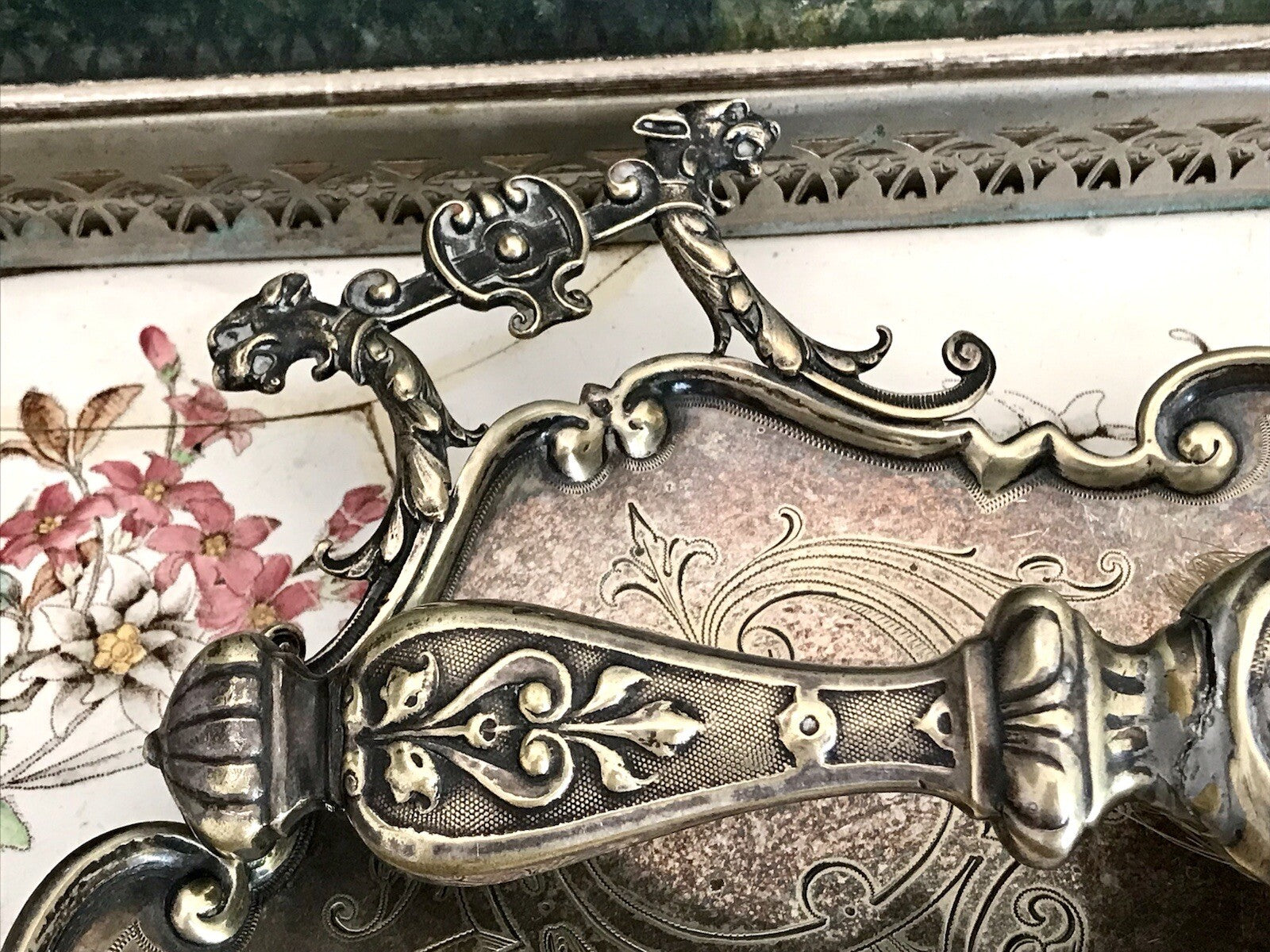 Antik versilbert Jugendstil Tischkehrset Tischkehrer Tisch Krümmelkehrer