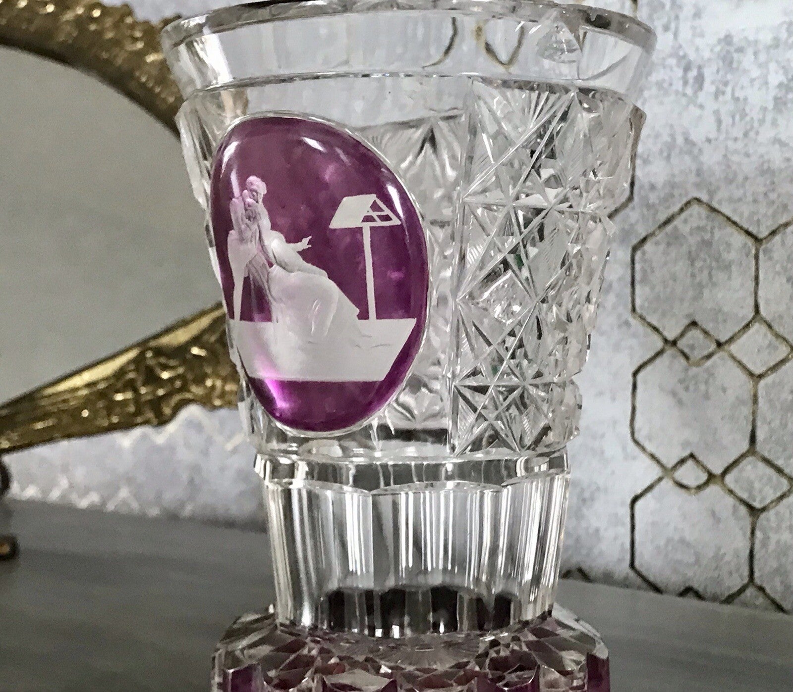 Antik ~1830 Fußbecher Ranftbecher Pokalglas Kristallglas Watteauszene Liebespaar