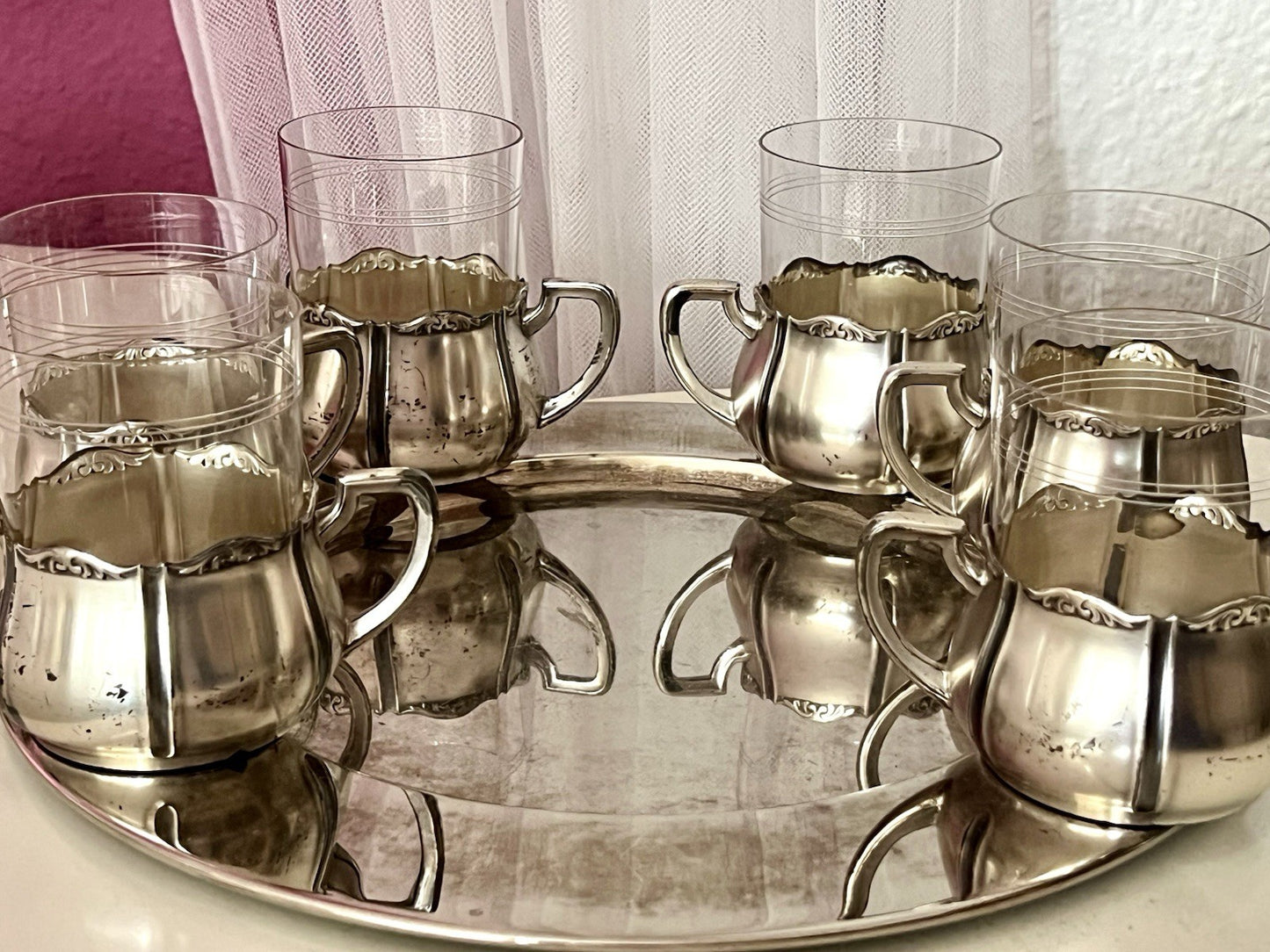 Antik WMF 6 Teeglashalter &6 Glaseinsätze Versilbert Art Déco  3x Straußenmarke