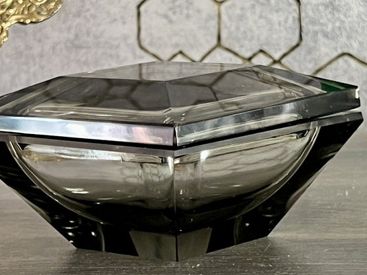EDEL Art Déco antik Glasdose Kristallglas Frisiertisch Dose grau Schliff