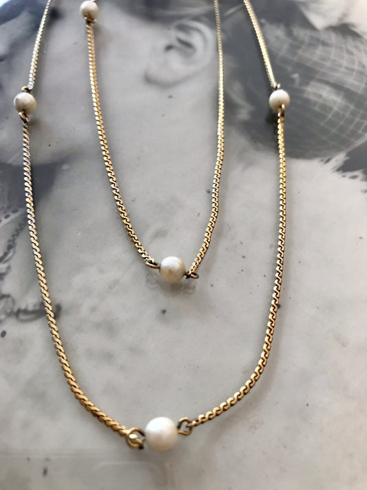 Antik lange Halskette 925 Silber vergoldet Collier Kette Perlen Zuchtperlen