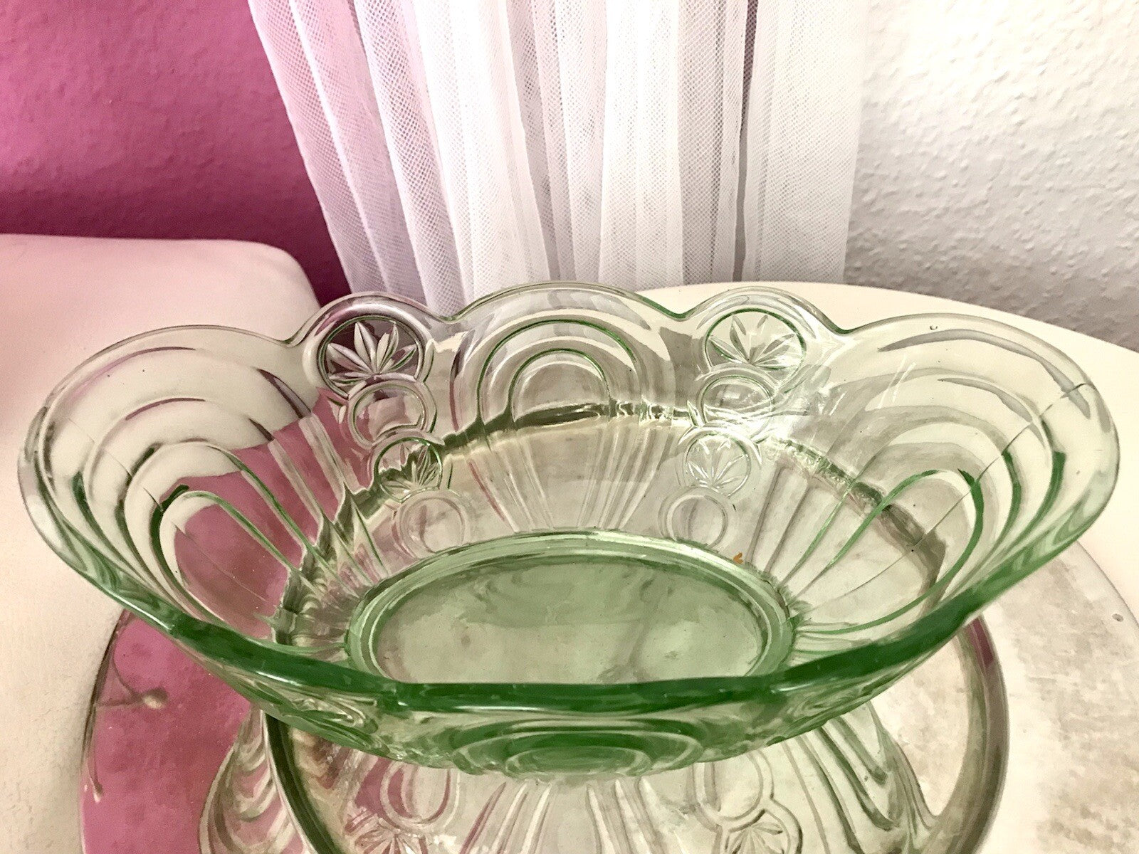 Antik Art Déco Jardiniere Schale Pressglas Glasschale grün Obstschale