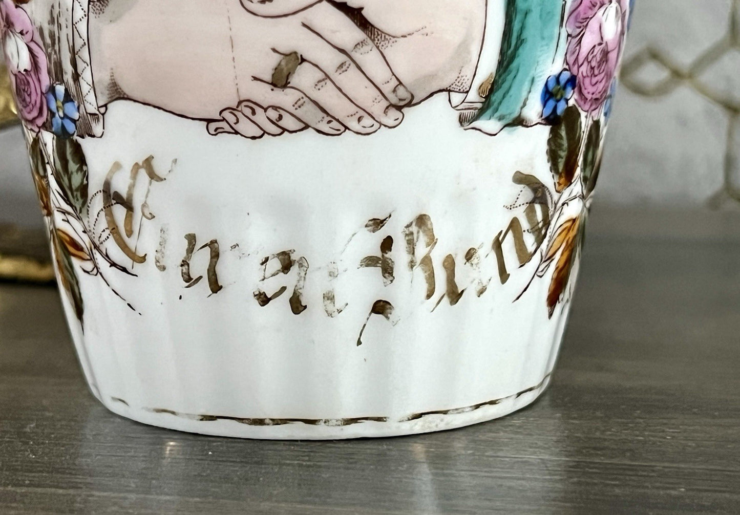 Antik Porzellan Andenken Becher Sammeltasse Tasse Gott segne dieses Bund