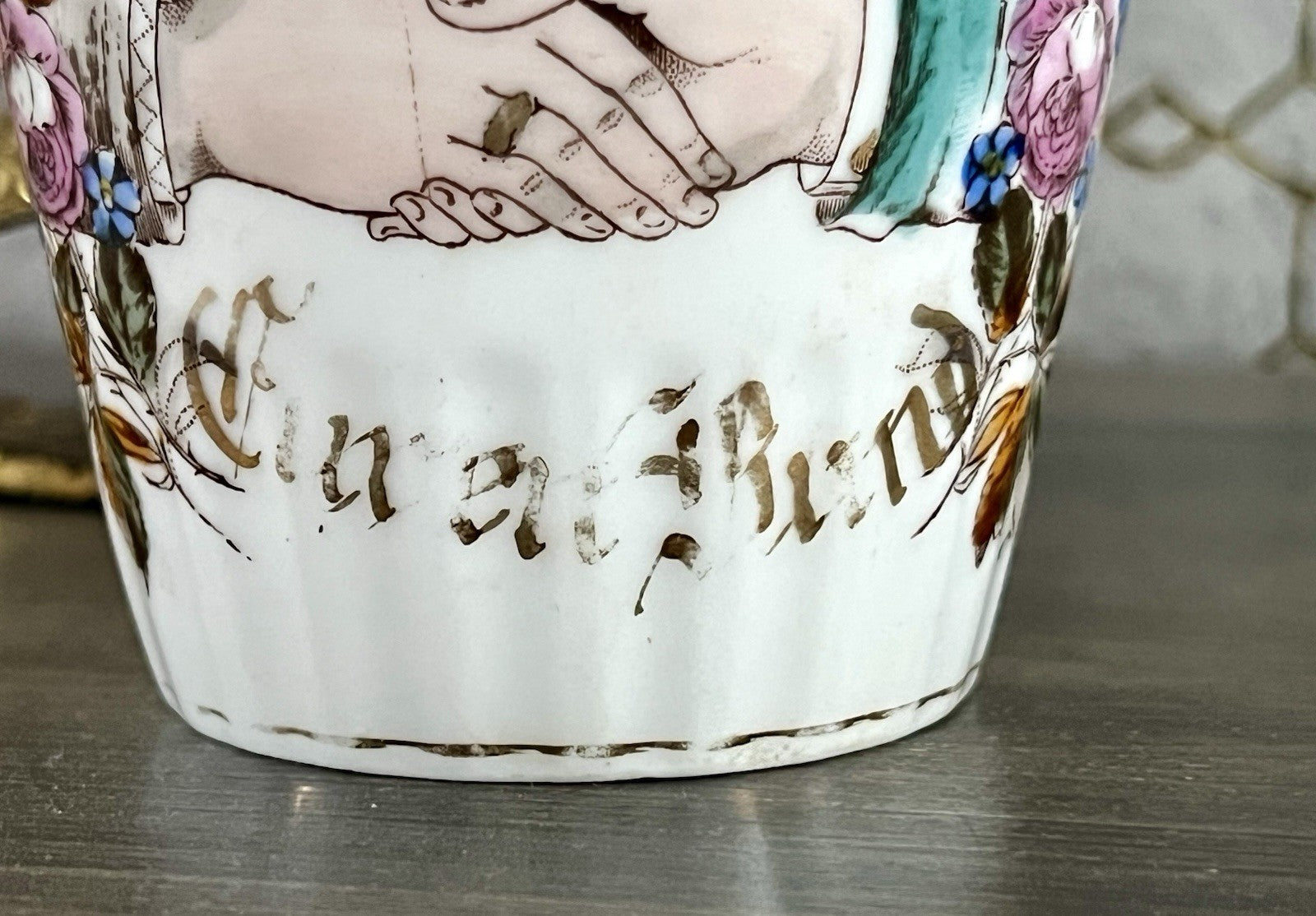 Antik Porzellan Andenken Becher Sammeltasse Tasse Gott segne dieses Bund