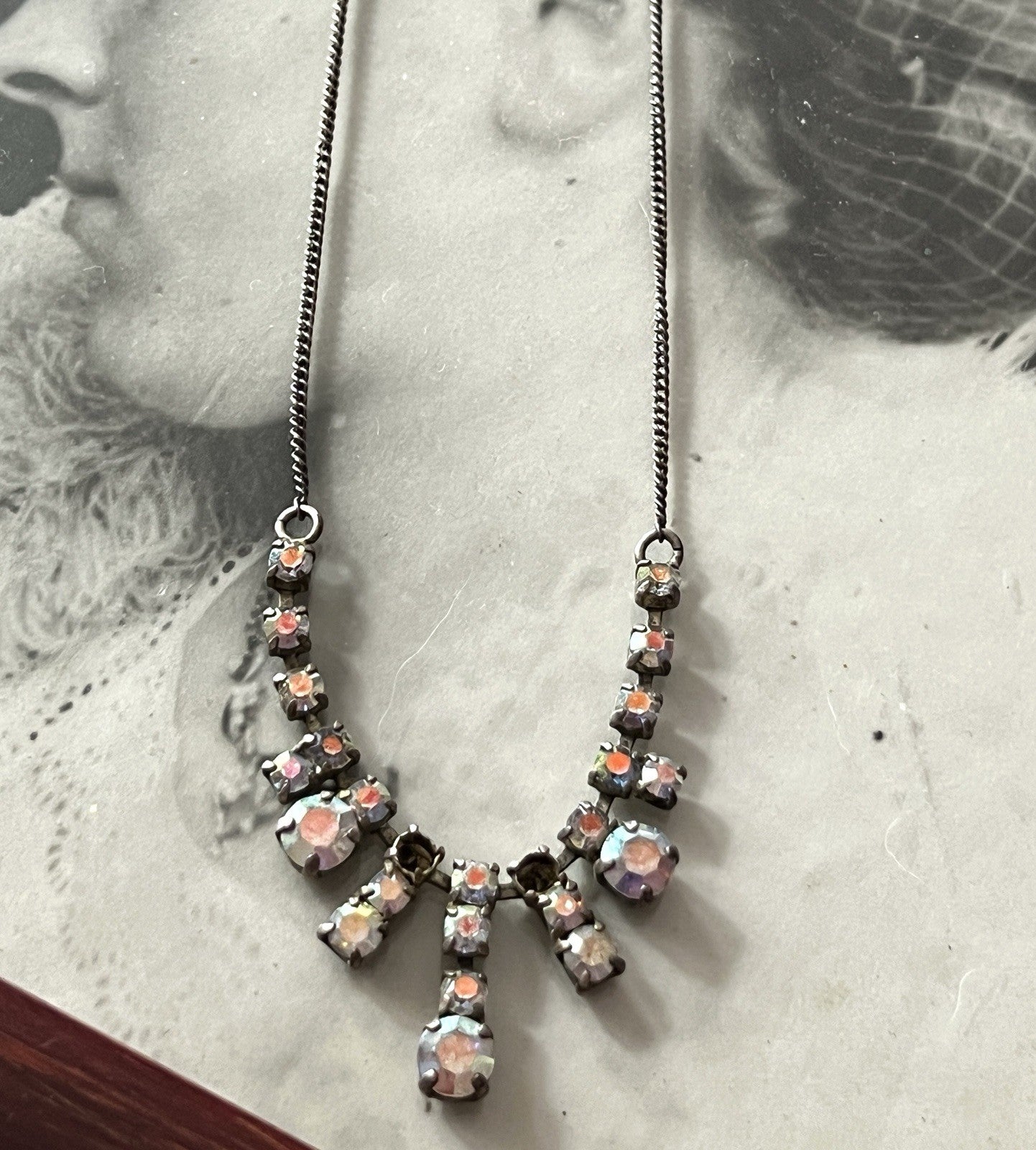 Vintage Antik? 835 Silber Collier Halskette Aurora Borealis? Steine