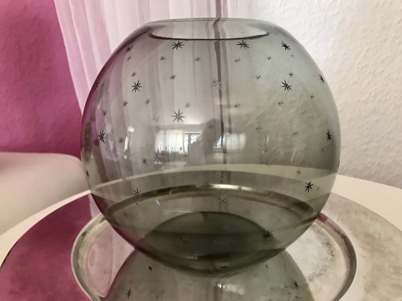 Alt Vintage Glasvase Glas Rauchglas Vase Mid century Kugelvase Grau Sternchen