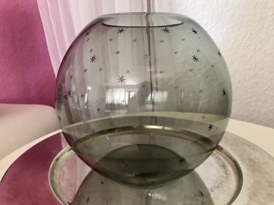 Alt Vintage Glasvase Glas Rauchglas Vase Mid century Kugelvase Grau Sternchen