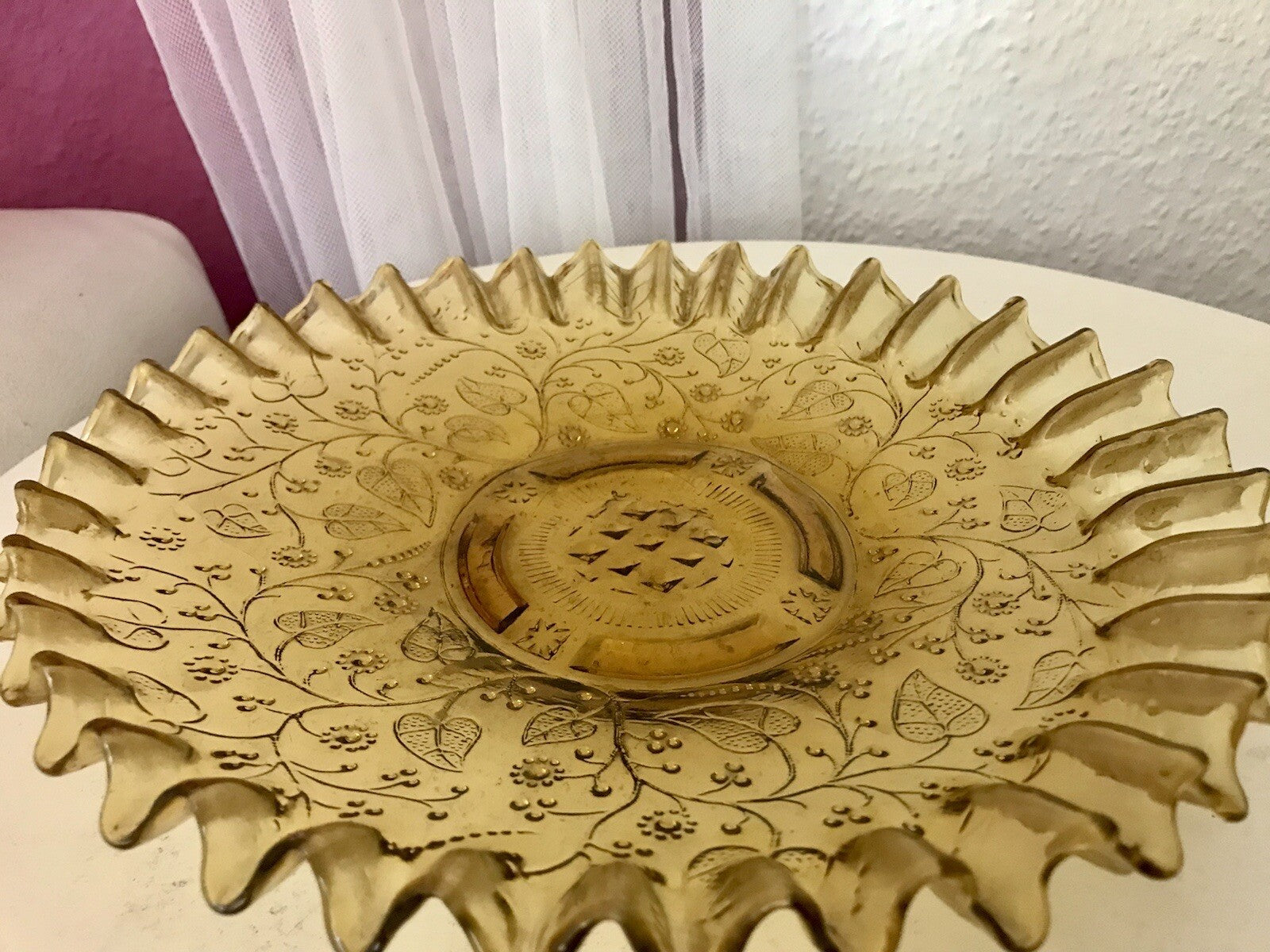 Antik Jugendstil Serviettenrand Pressglas Schale Glas Fenne Ewald Gelb Selten!