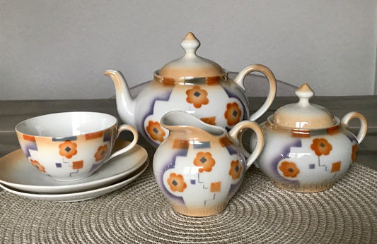 Antik Art Déco Porzellan Kaffeeservice Spritzdekor Moccaservice