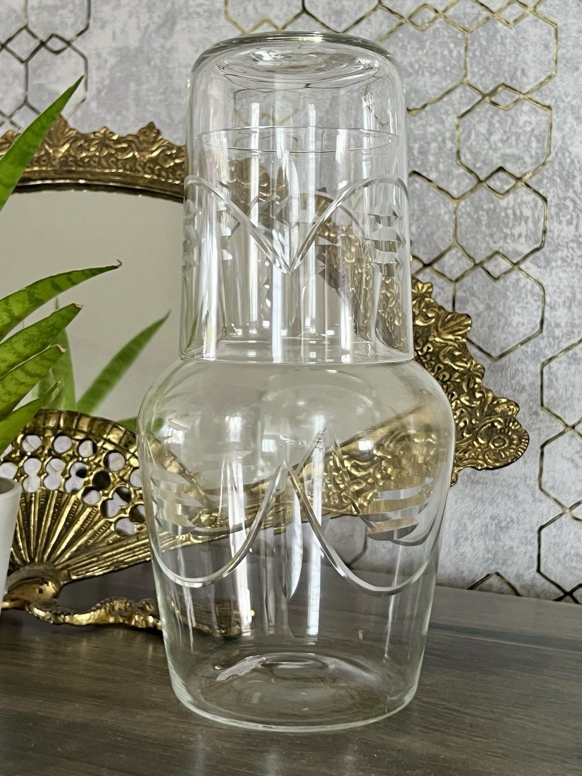 Antik Art Deco Sturzflasche Karaffe Dekanter & Becher Glas geschliffen