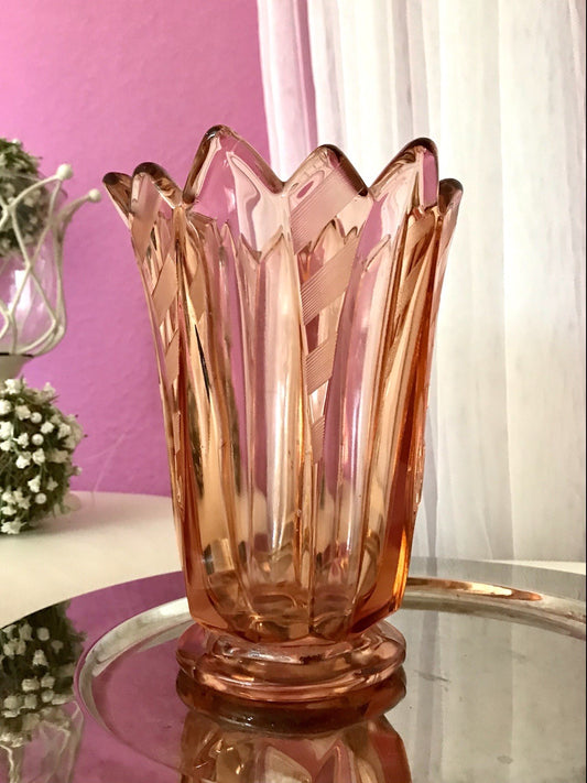 Antik Art Déco Vase Glasvase Pressglas Glas Rosalin rosa Blumenvase Schwepnitz