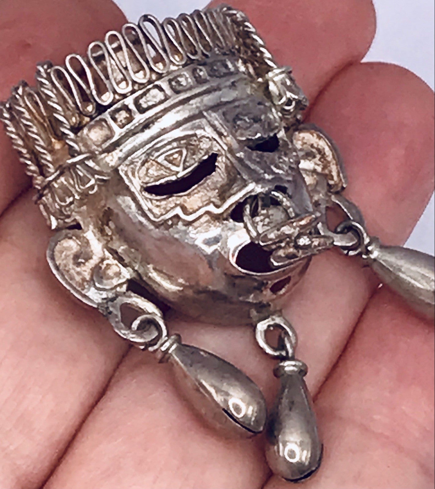 Vintage Azteken Kopf Ethno Maya 2in1 Anhänger Kettenanhänger Brosche 925 Silber
