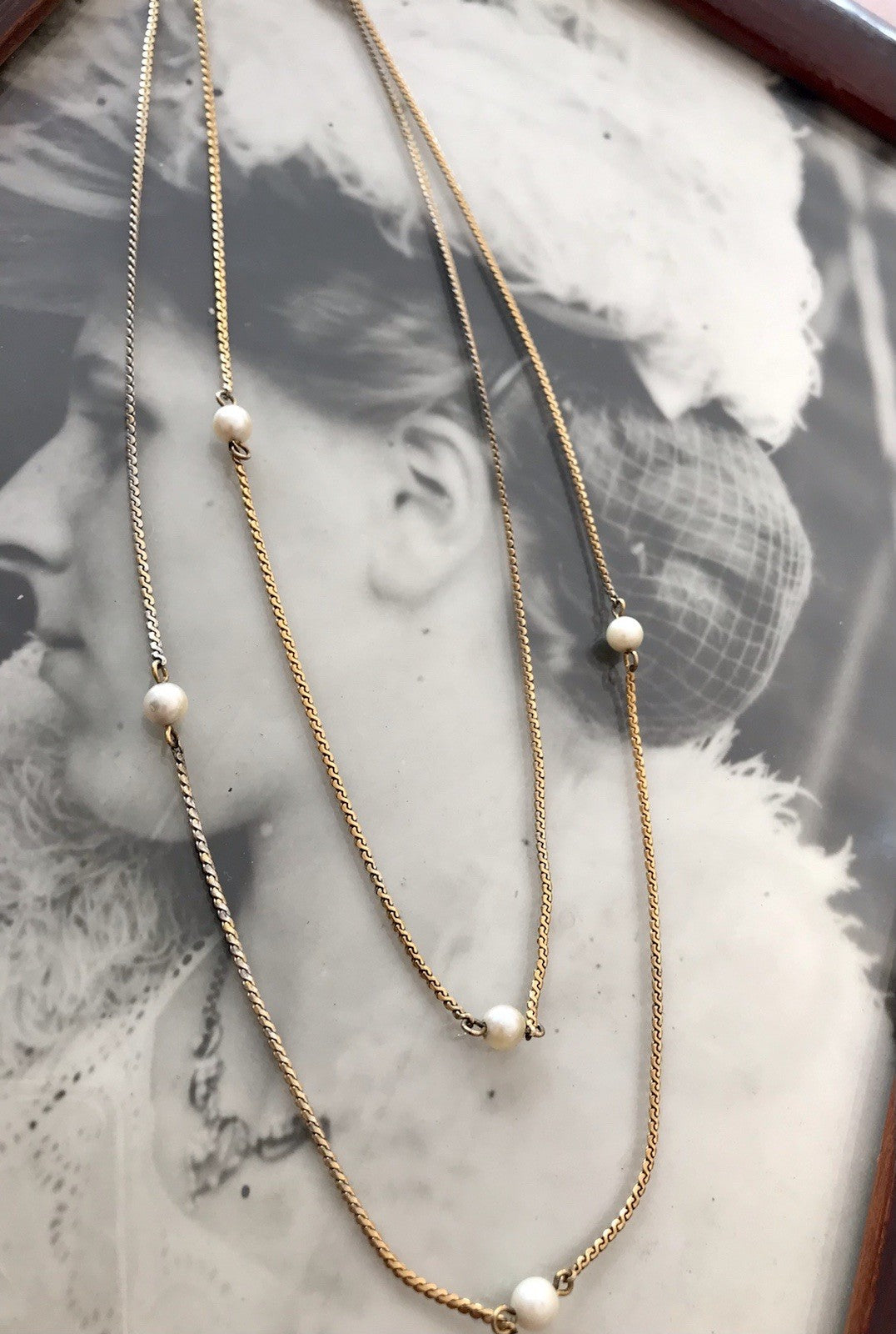 Antik lange Halskette 925 Silber vergoldet Collier Kette Perlen Zuchtperlen