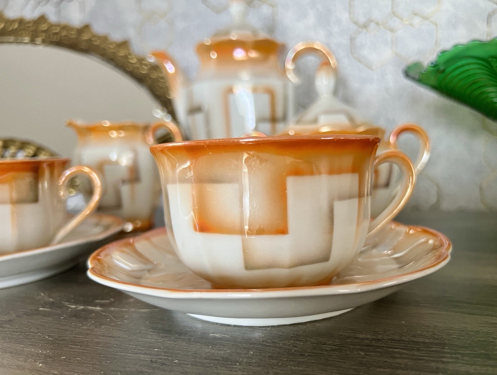 Antik Art Déco Porzellan Kaffeeservice Spritzdekor Bauhaus Teté a Téte 2 Pers.
