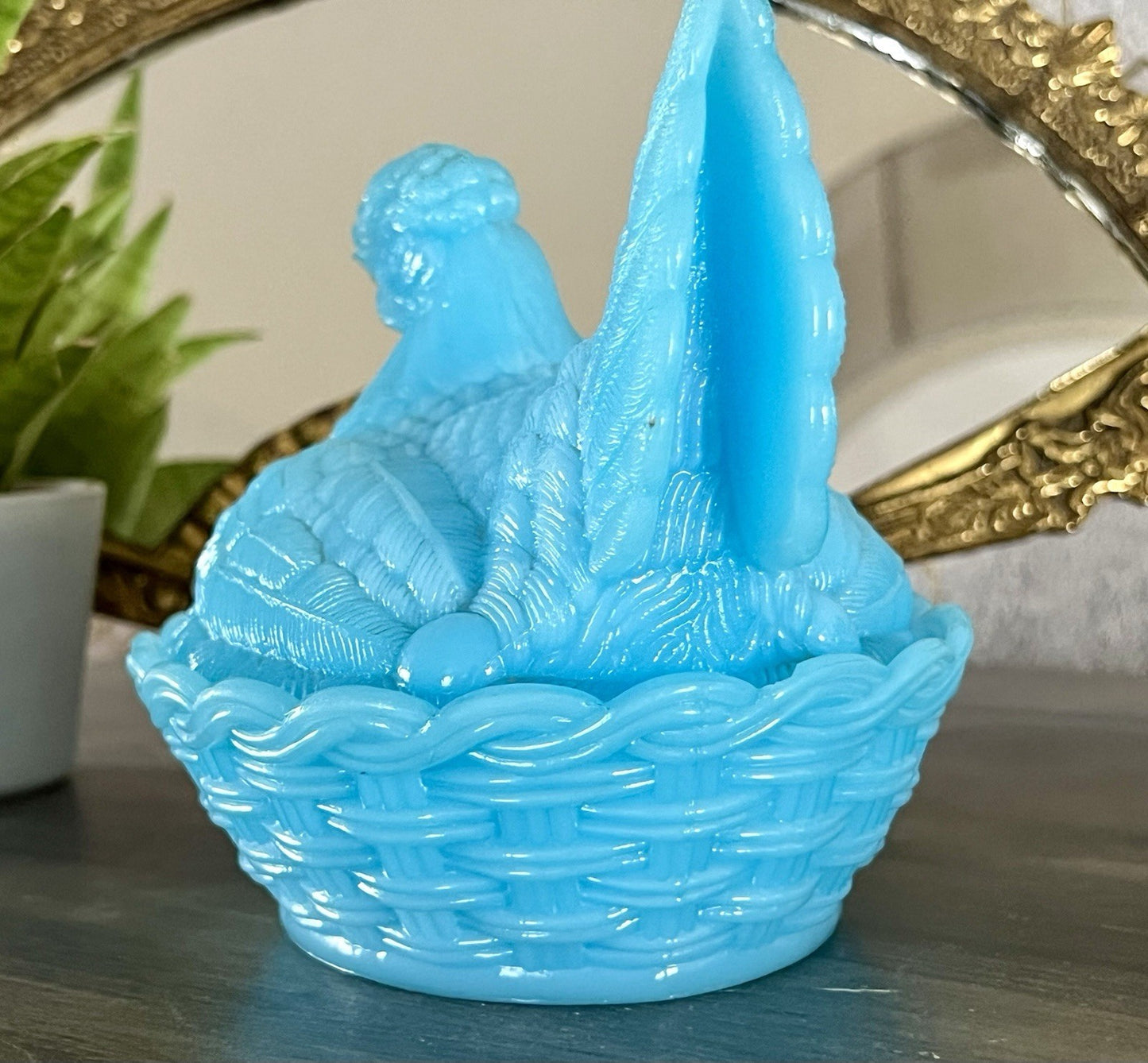 Antik Jugendstil Glasdose Dose Opalglas Deckeldose Pressglas Henne Blau