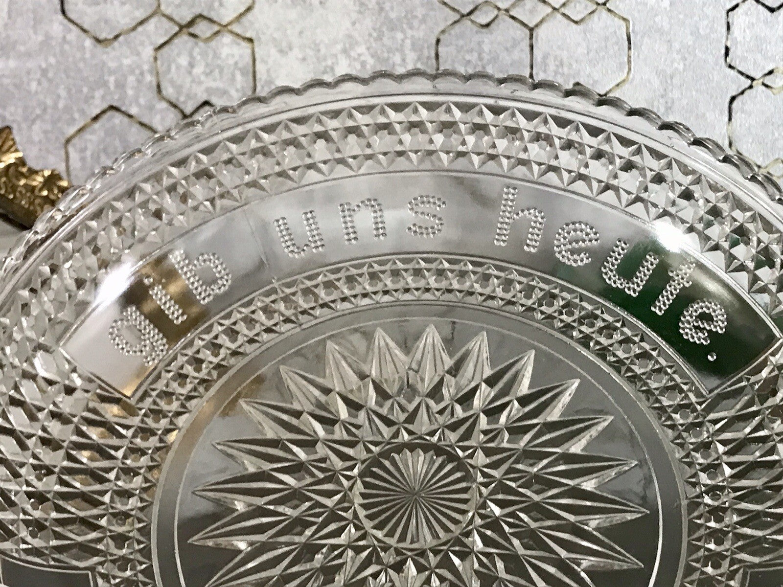 Art Déco Pressglas Schale Antik Brotschale Unser täglich Brot gib uns heute Glas