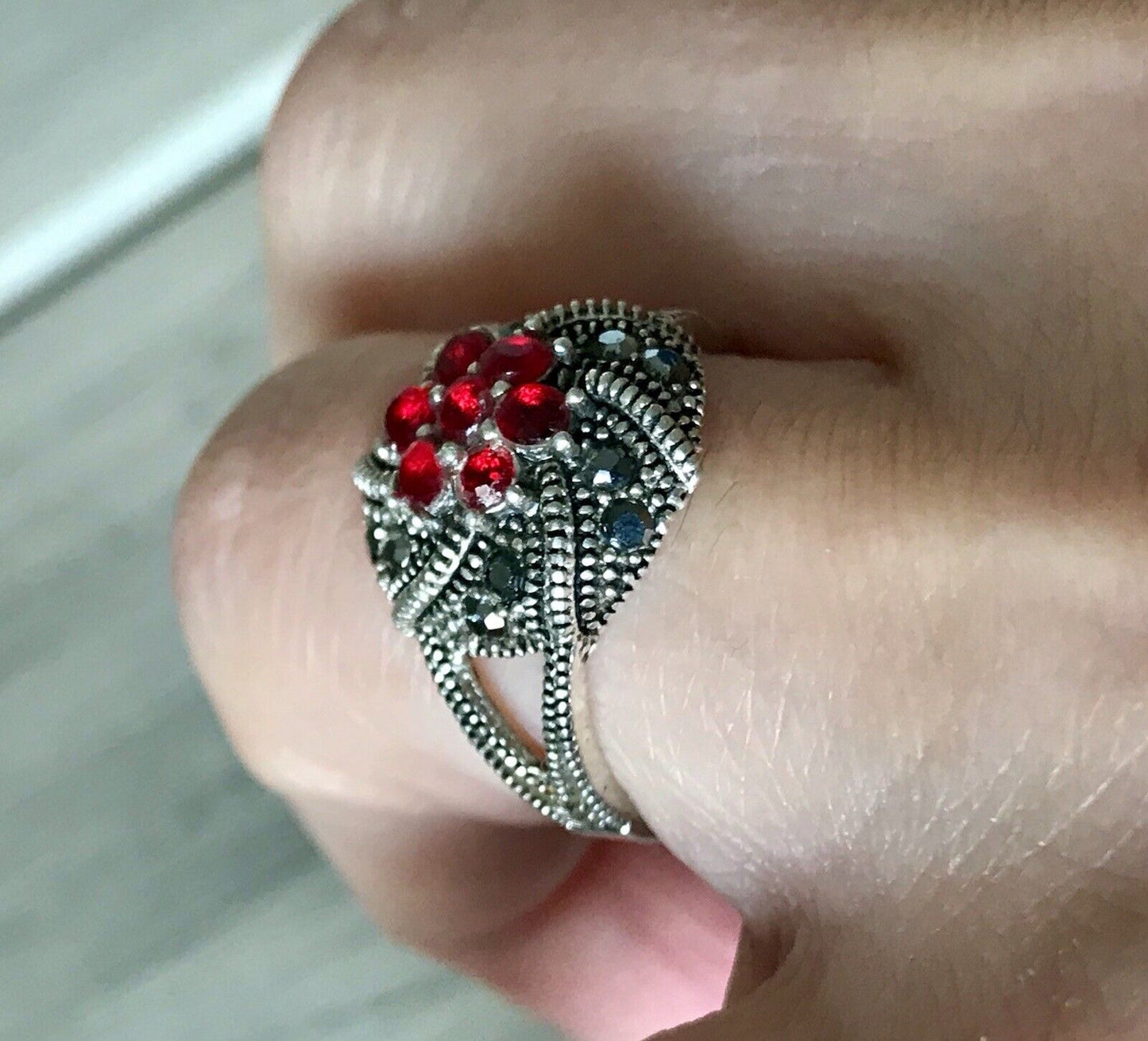 Alt antikisiert Damen Ring Silber 925 SUPER rote Steine Markasite Gr.55